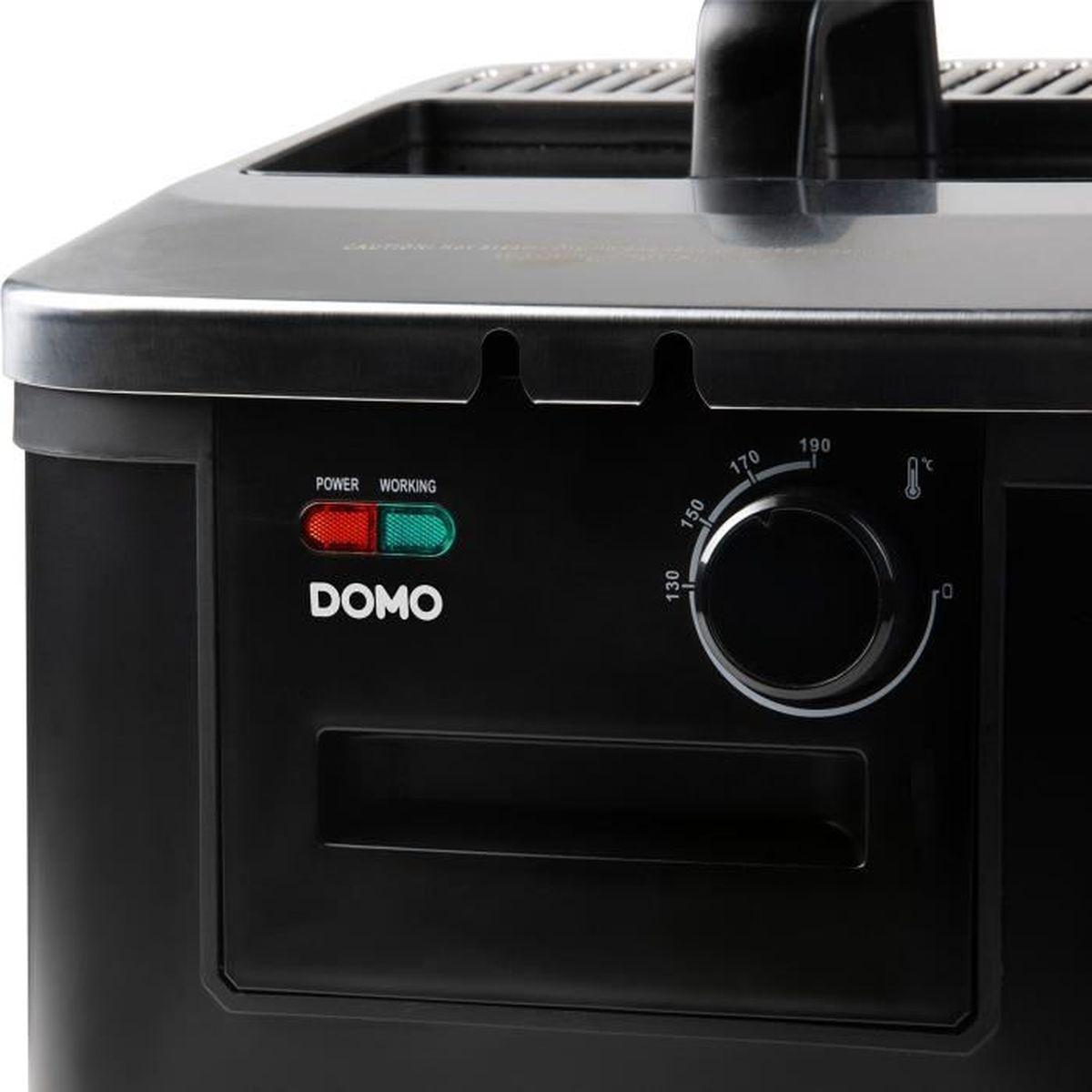 Una friggitrice nera con selettore di temperatura e spie di accensione/funzionamento.