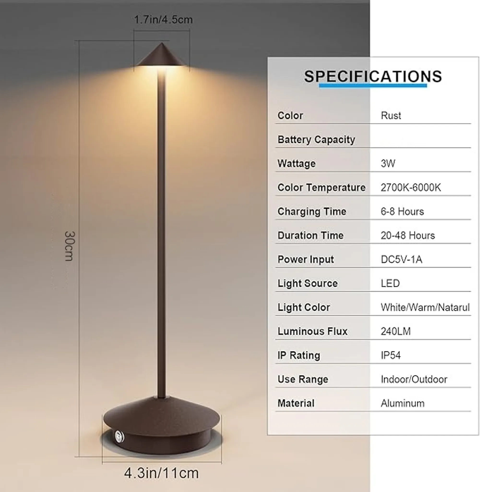 Eine braune Nachttischlampe mit Spezifikationen, 30 cm hoch.