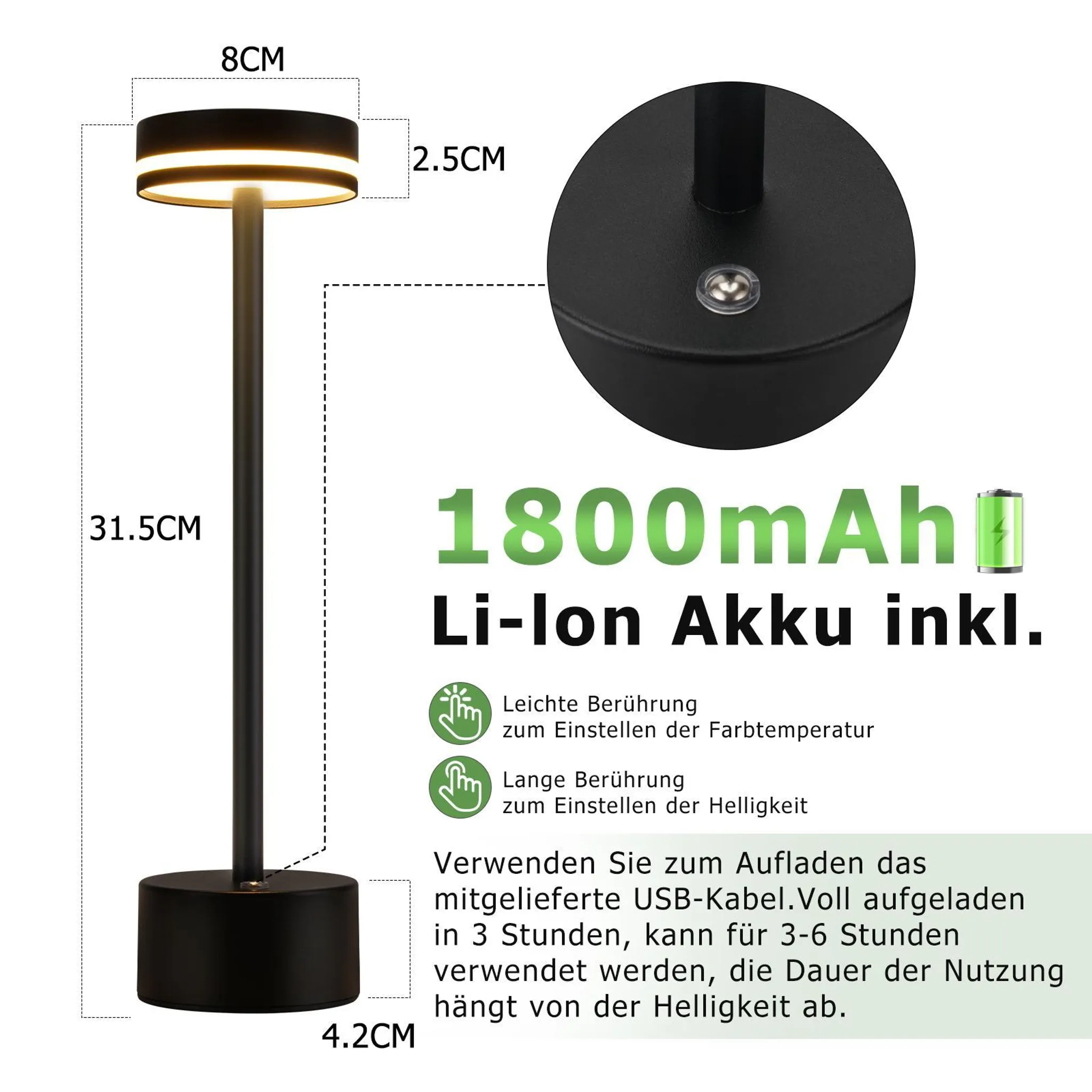 Schwarze Tischlampe mit Touch-Steuerung, 8cm breit, 31.5cm hoch.