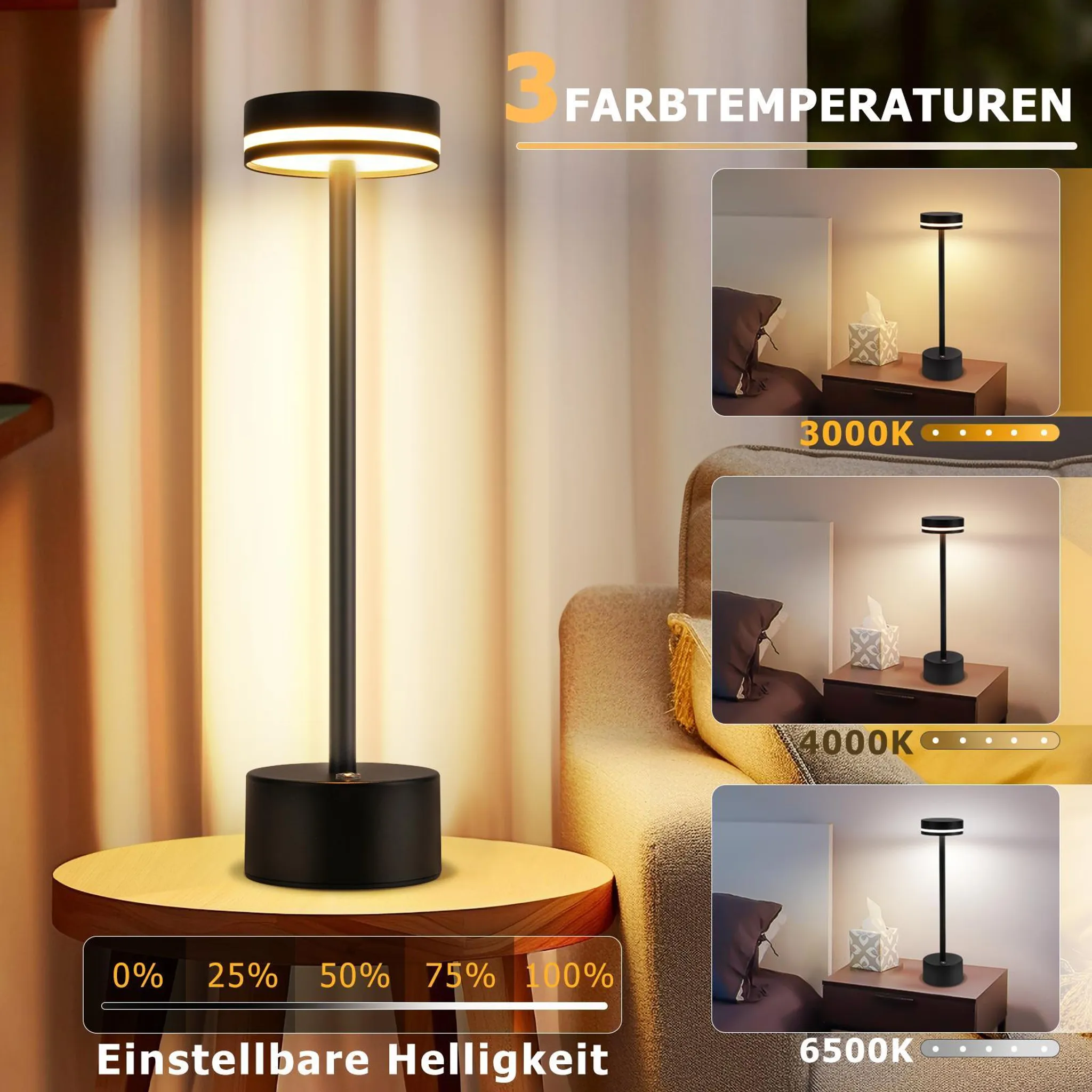 Moderne schwarze Lampe mit einstellbarer Helligkeit und 3 Farbtemperaturen.