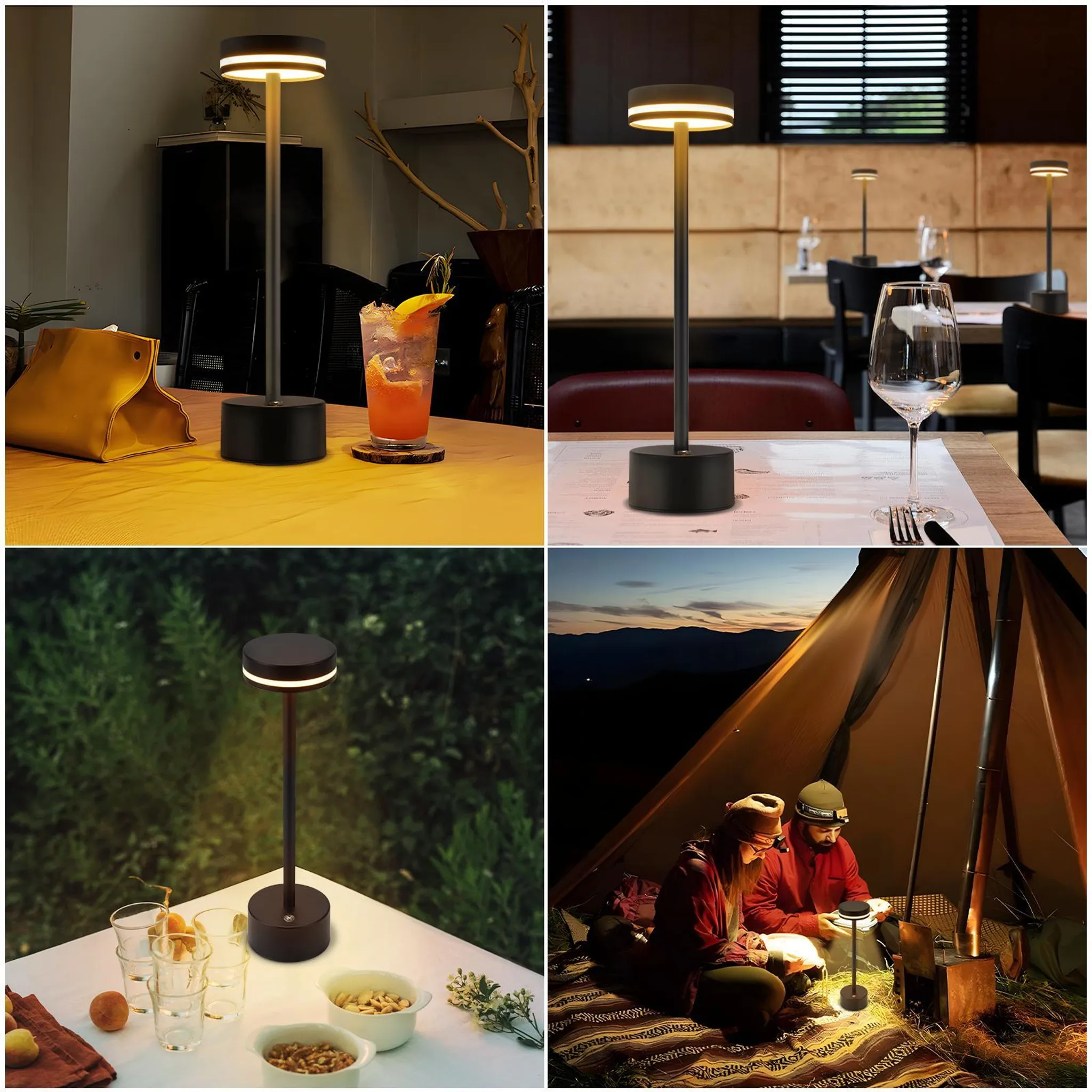Vier Szenen zeigen eine moderne tragbare Lampe: auf einem Tisch mit Getränk, im Restaurant, draußen auf einem Tisch und im Zelt.