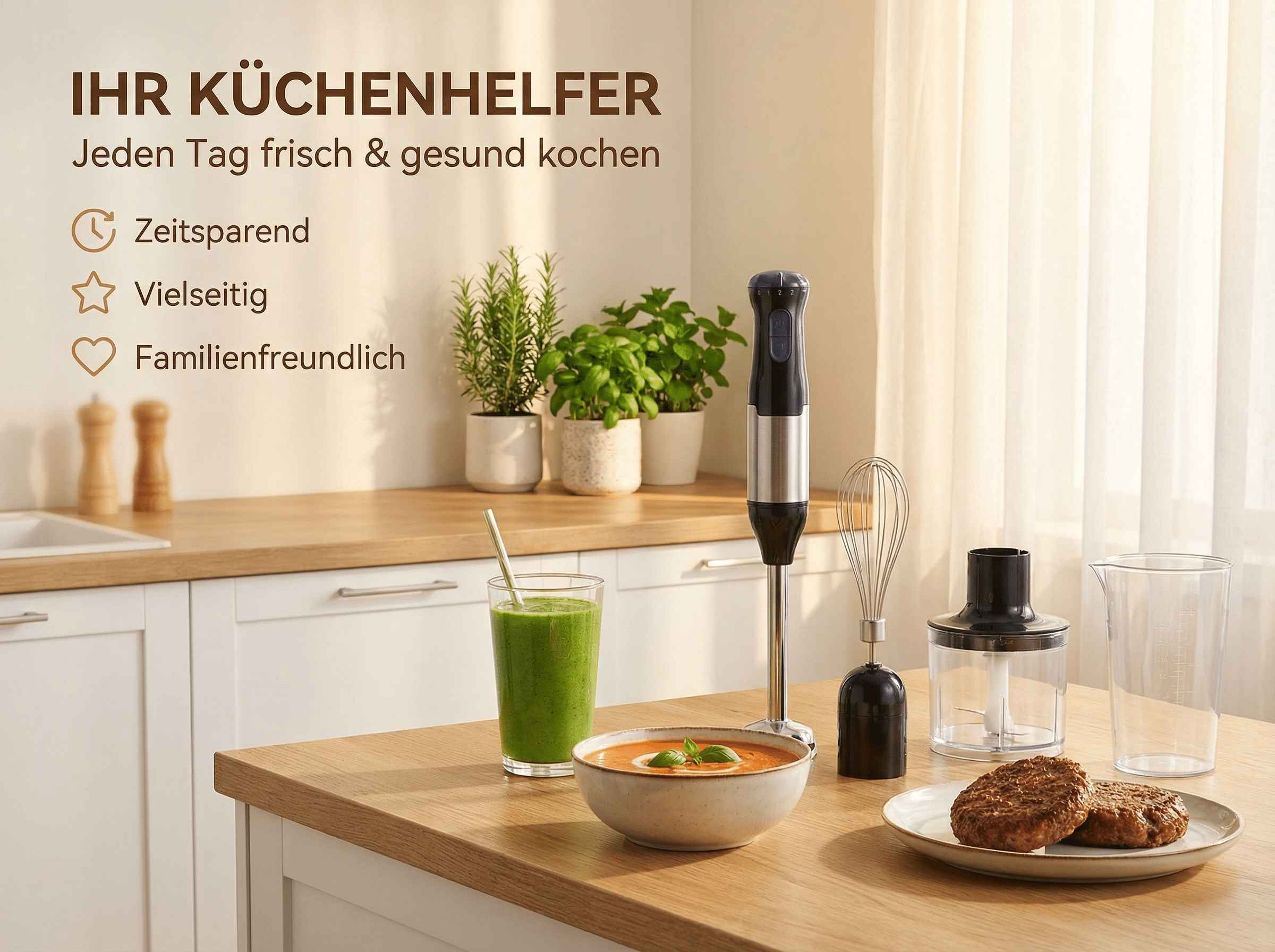 Ein Stabmixer mit Zubehör, Suppe, Smoothie und Patties auf einem Holztisch.