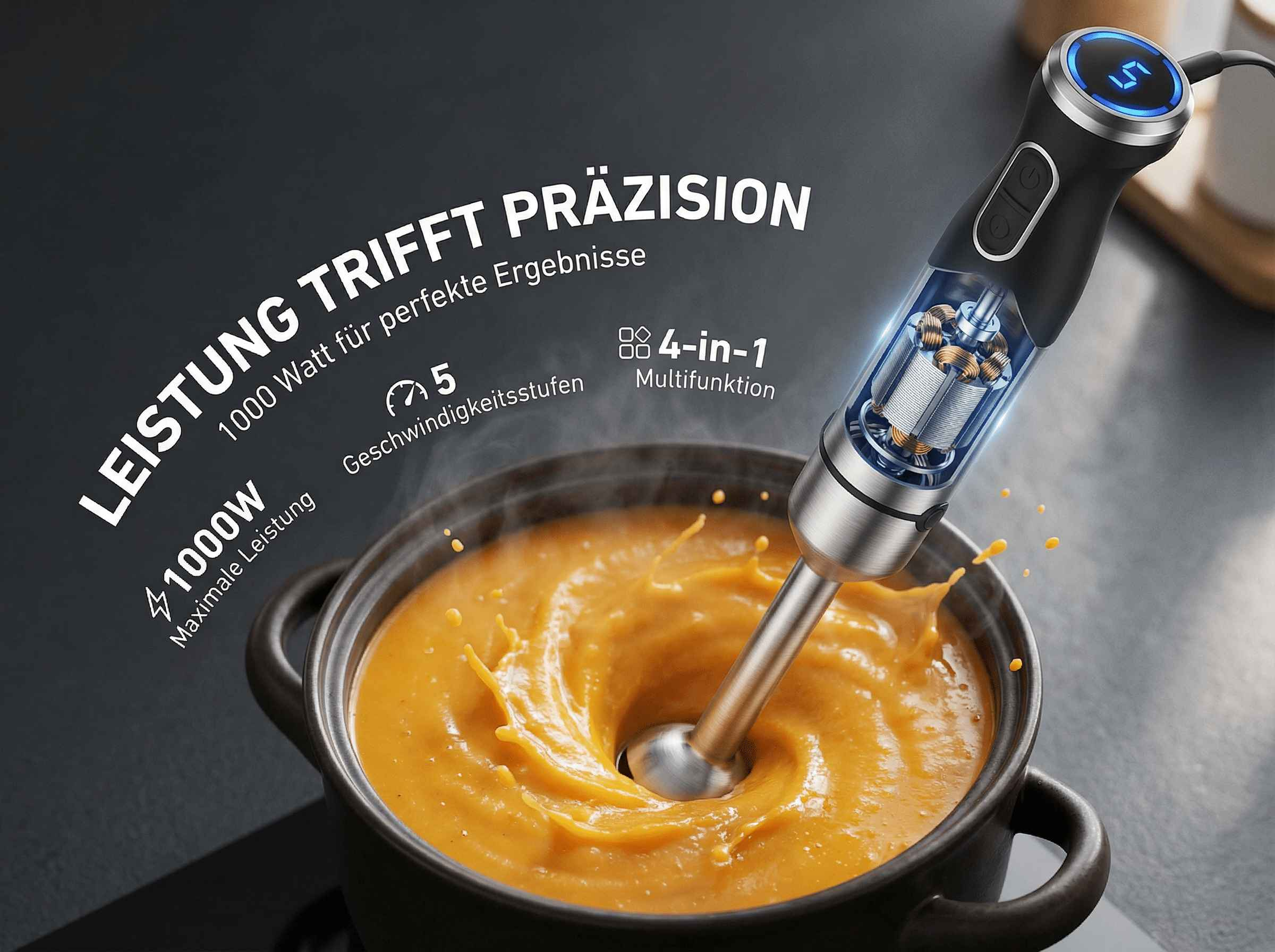 Ein Stabmixer mit 1000W Leistung mixt eine orangefarbene Suppe in einem Topf.