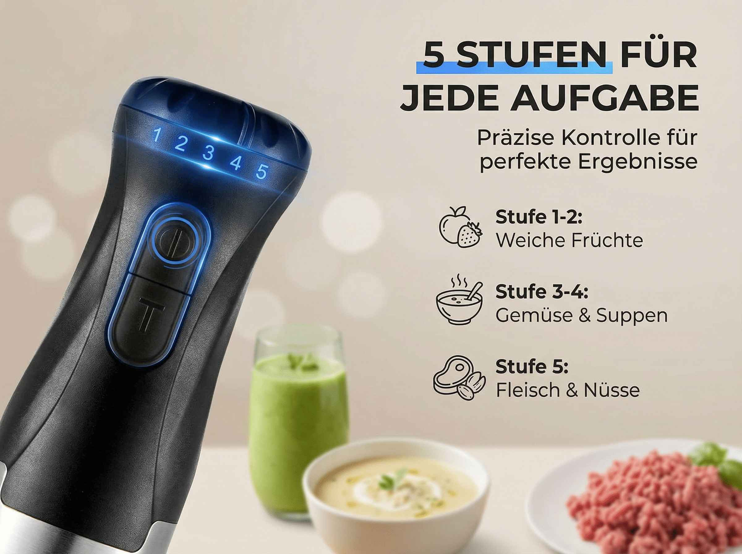 Ein Stabmixer mit 5 Stufen, daneben Obst, Suppe und Hackfleisch.