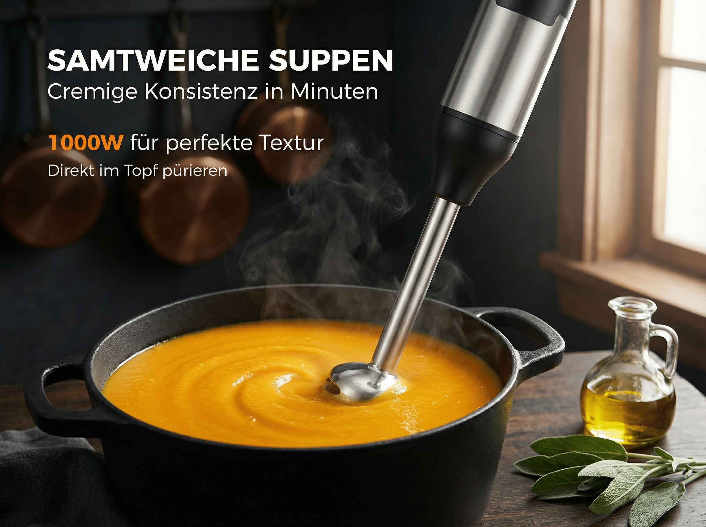 Ein Stabmixer püriert eine orangefarbene Suppe in einem Topf. Daneben Öl und Salbei.