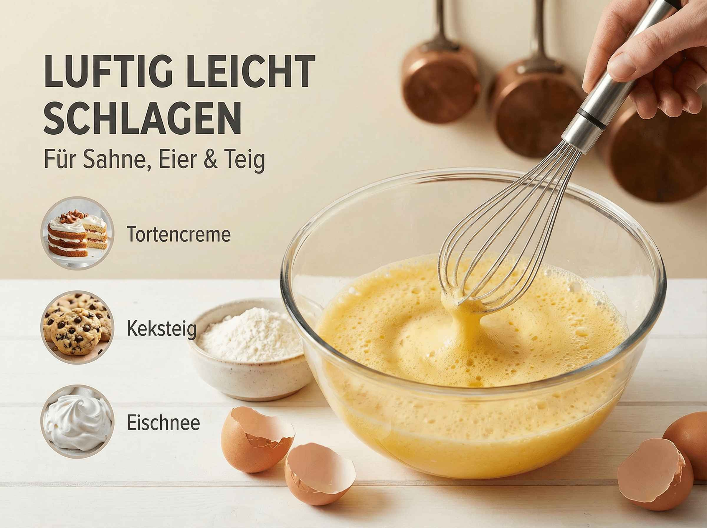 Hand schlägt Eier in einer Schüssel mit einem Schneebesen, neben Keks- und Tortencreme.