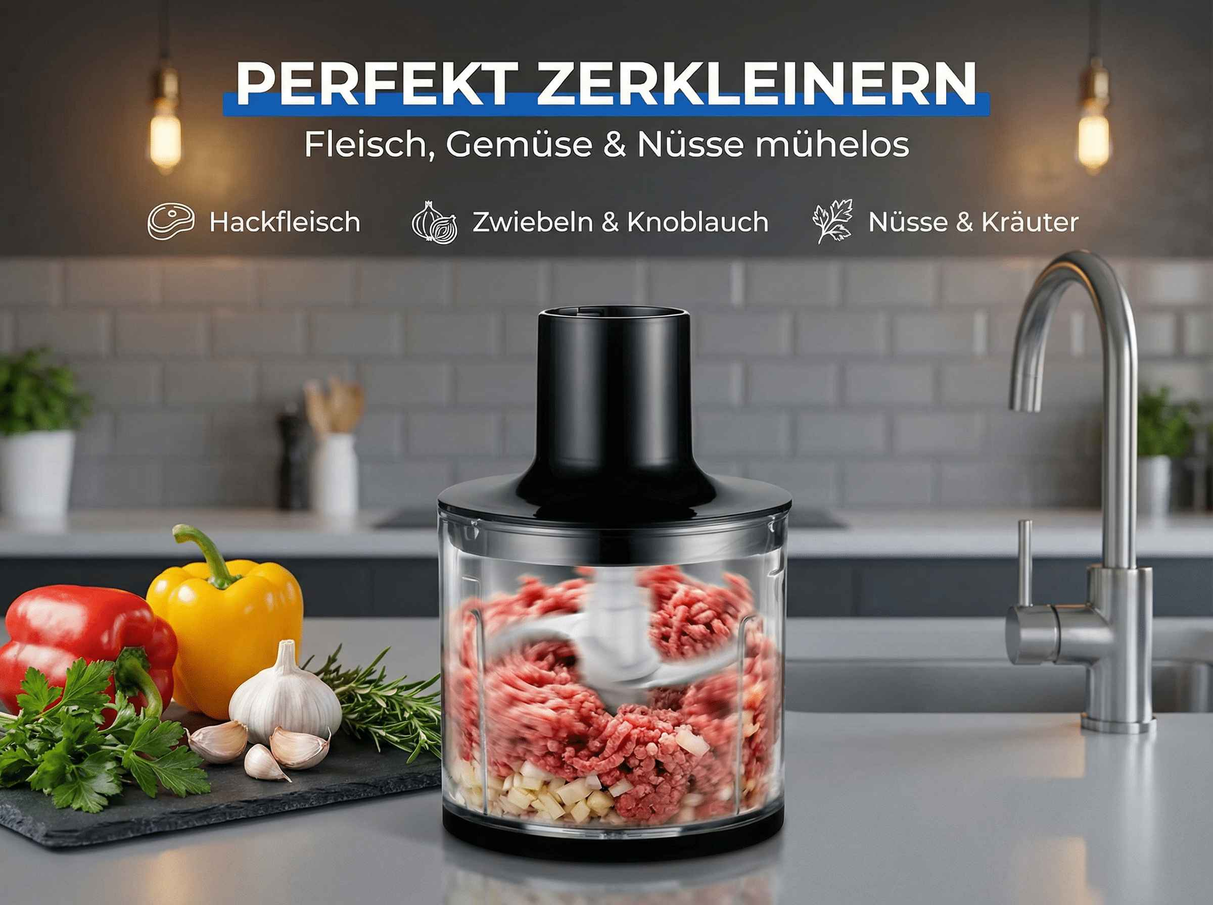 Ein Fleischwolf mit Hackfleisch, Zwiebeln und Kräutern in der Küche.
