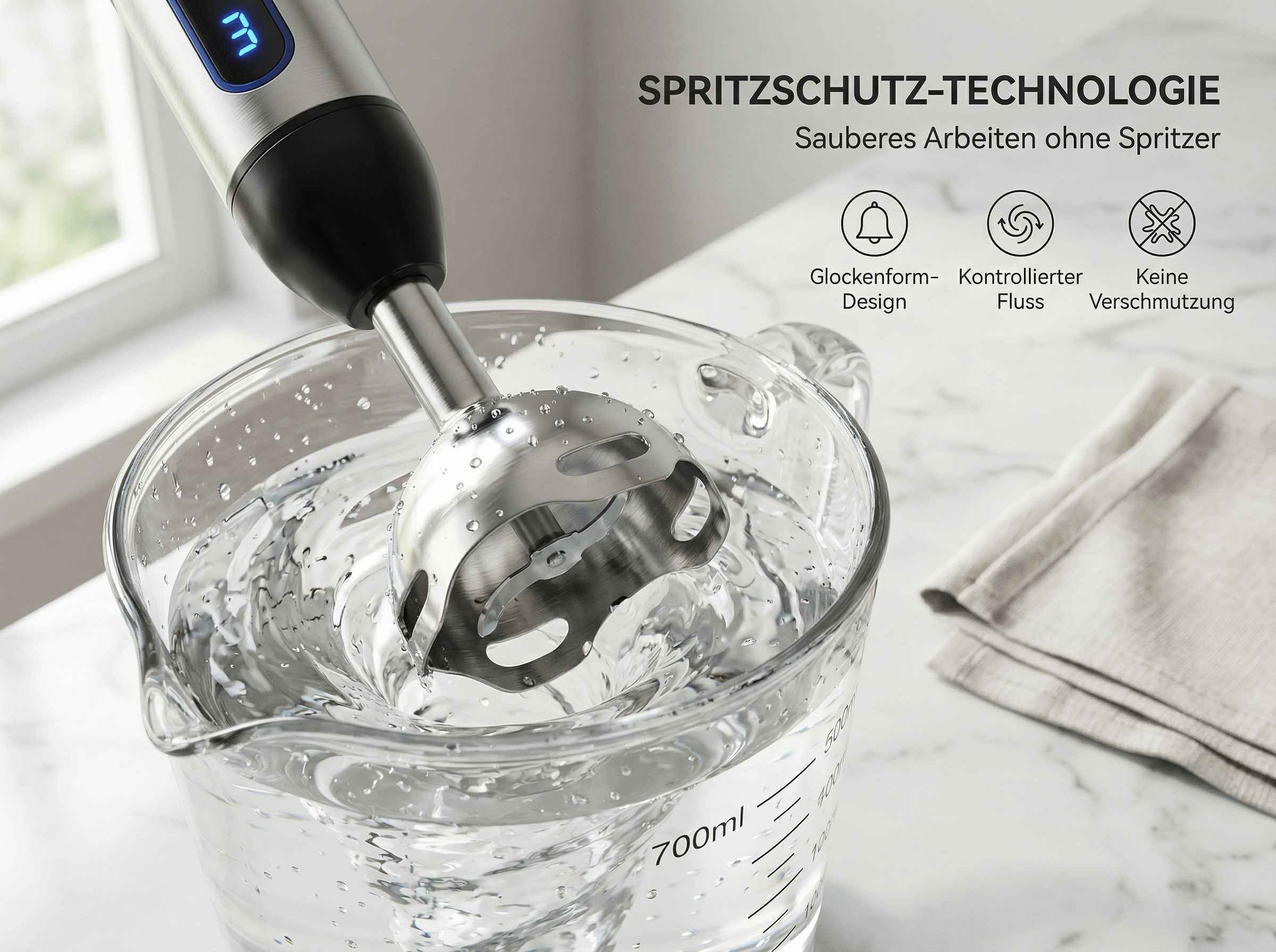 Ein Stabmixer mit Spritzschutz in einem Messbecher mit Wasser.
