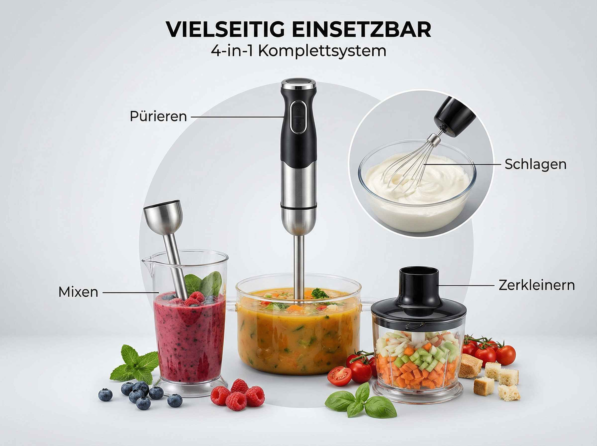 Ein Stabmixer mit Zubehör: Smoothie, Suppe, Schlagsahne und gehacktes Gemüse.