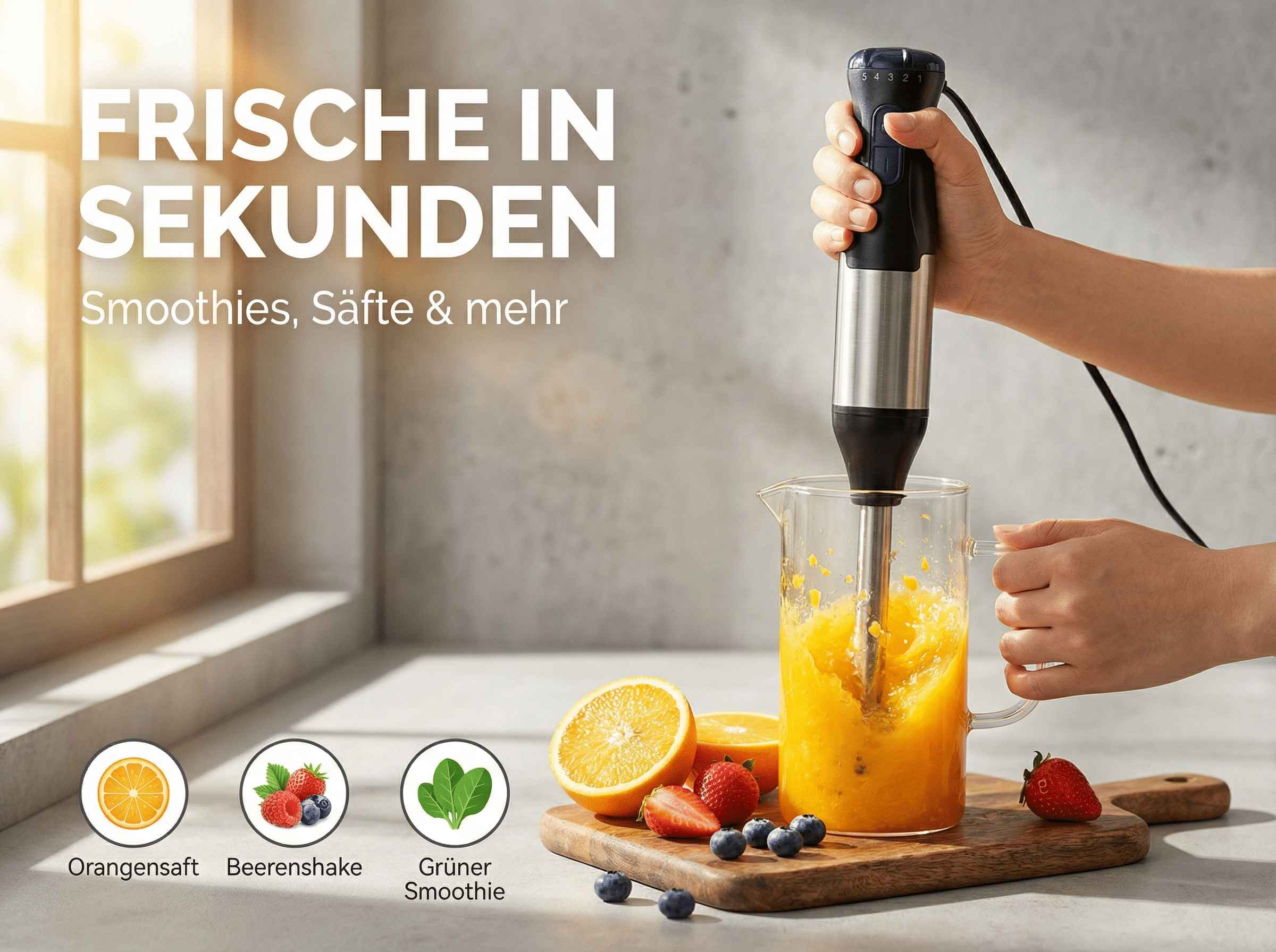 Ein Stabmixer mixt Obst zu einem orangen Smoothie in einem Glas.