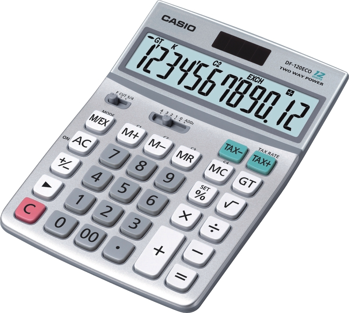 Ein silberner Casio DF-120ECO Taschenrechner mit 12 Ziffern und großem Display, das 1234567890.12 anzeigt.