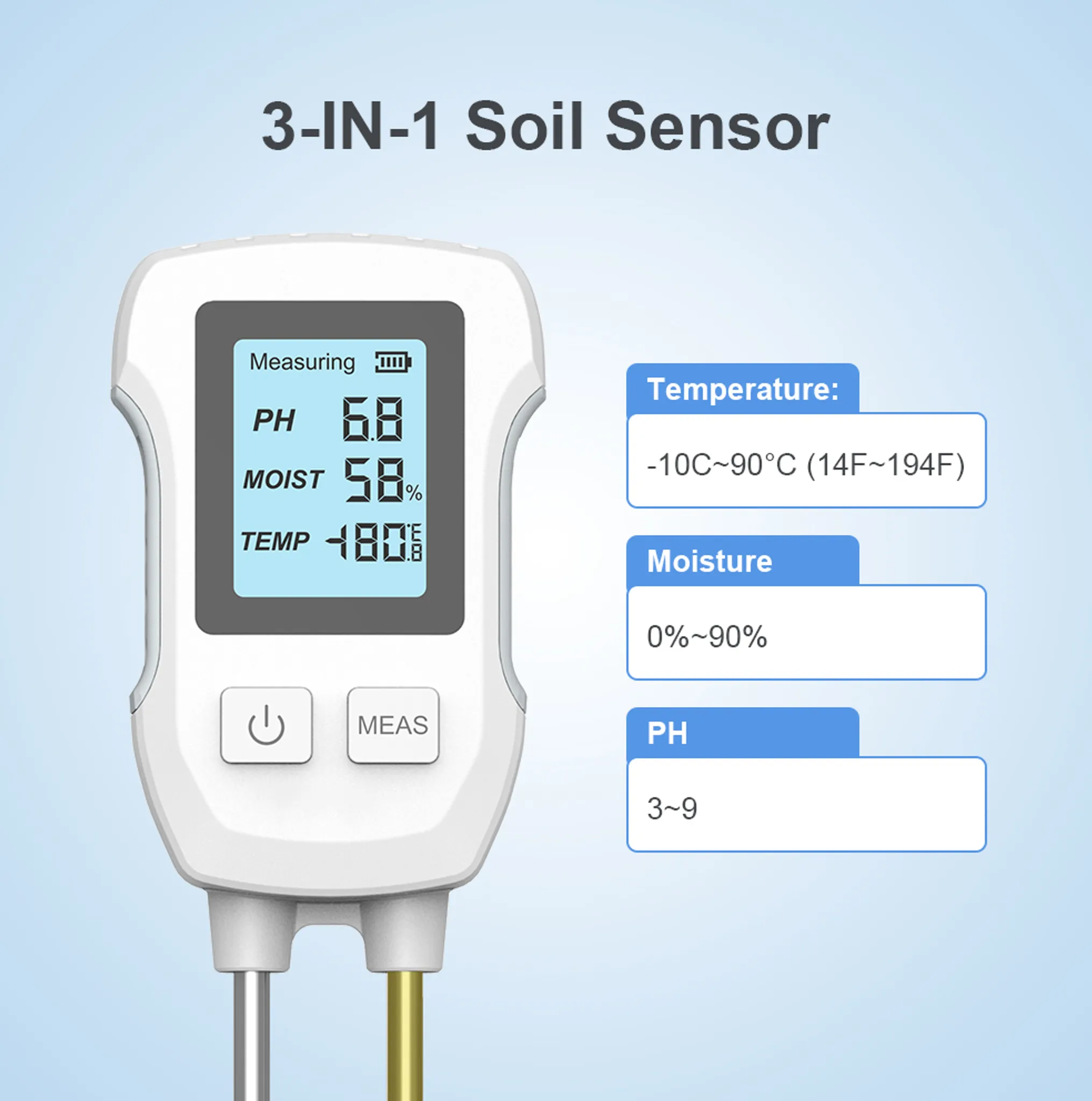 3-in-1 Bodensensor mit Bildschirm für PH, Feuchtigkeit, Temp. Bereiche.