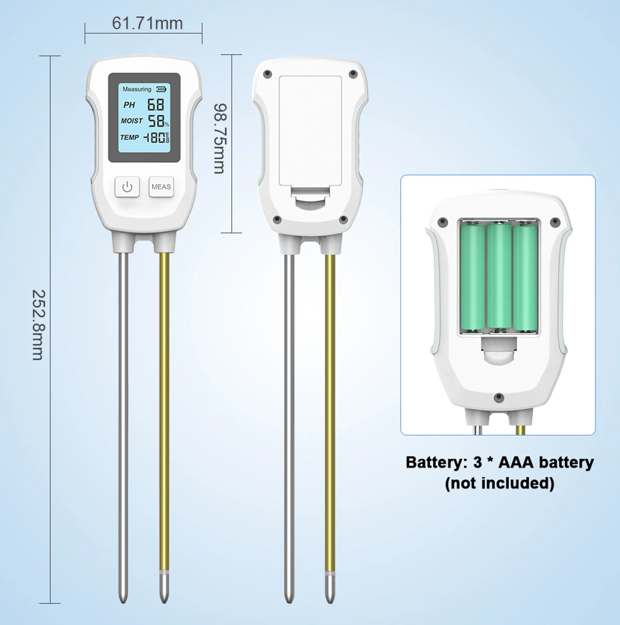 Ein digitales Messgerät mit zwei Sonden, Batterieabdeckung und drei AAA-Batterien.