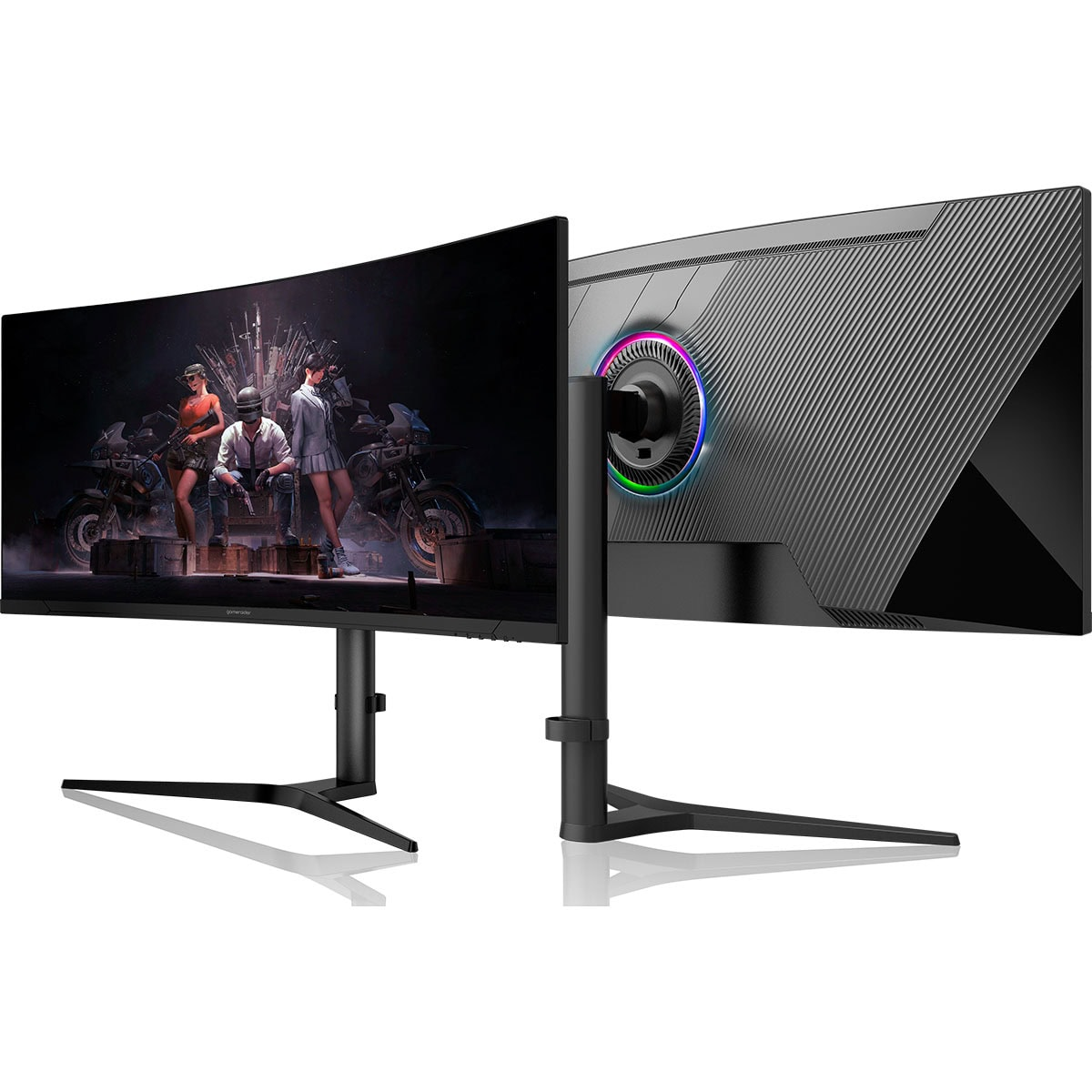 Arkada RGB aydınlatmalı, karakterler ve motosikletler gösteren kavisli bir oyuncu monitörü.