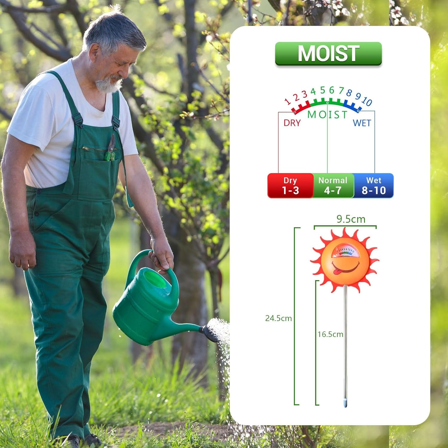 Gärtner gießt Pflanzen mit grüner Kanne. Bodenfeuchtemesser gezeigt.