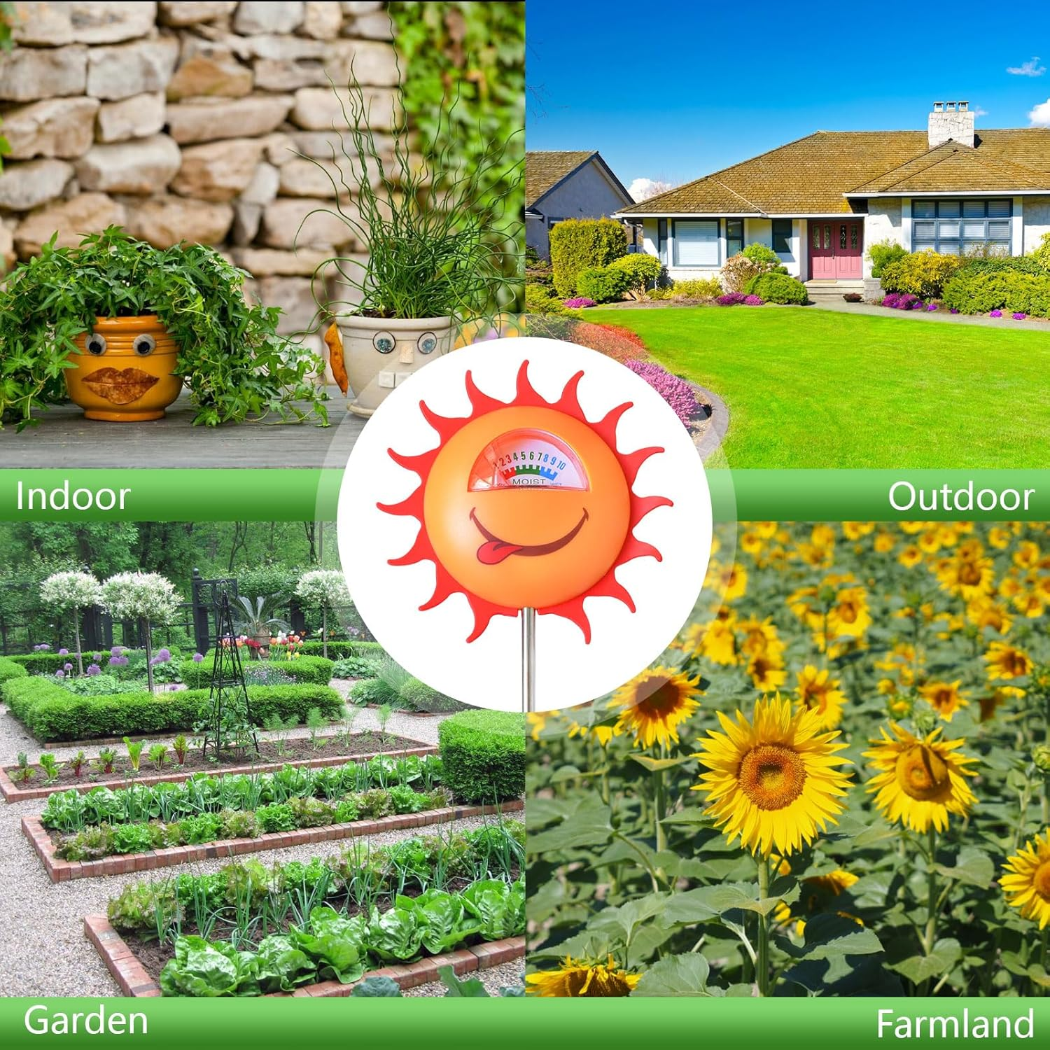 Vier Bilder: drinnen, draußen, Garten, Ackerland, mit Sonnensensor.