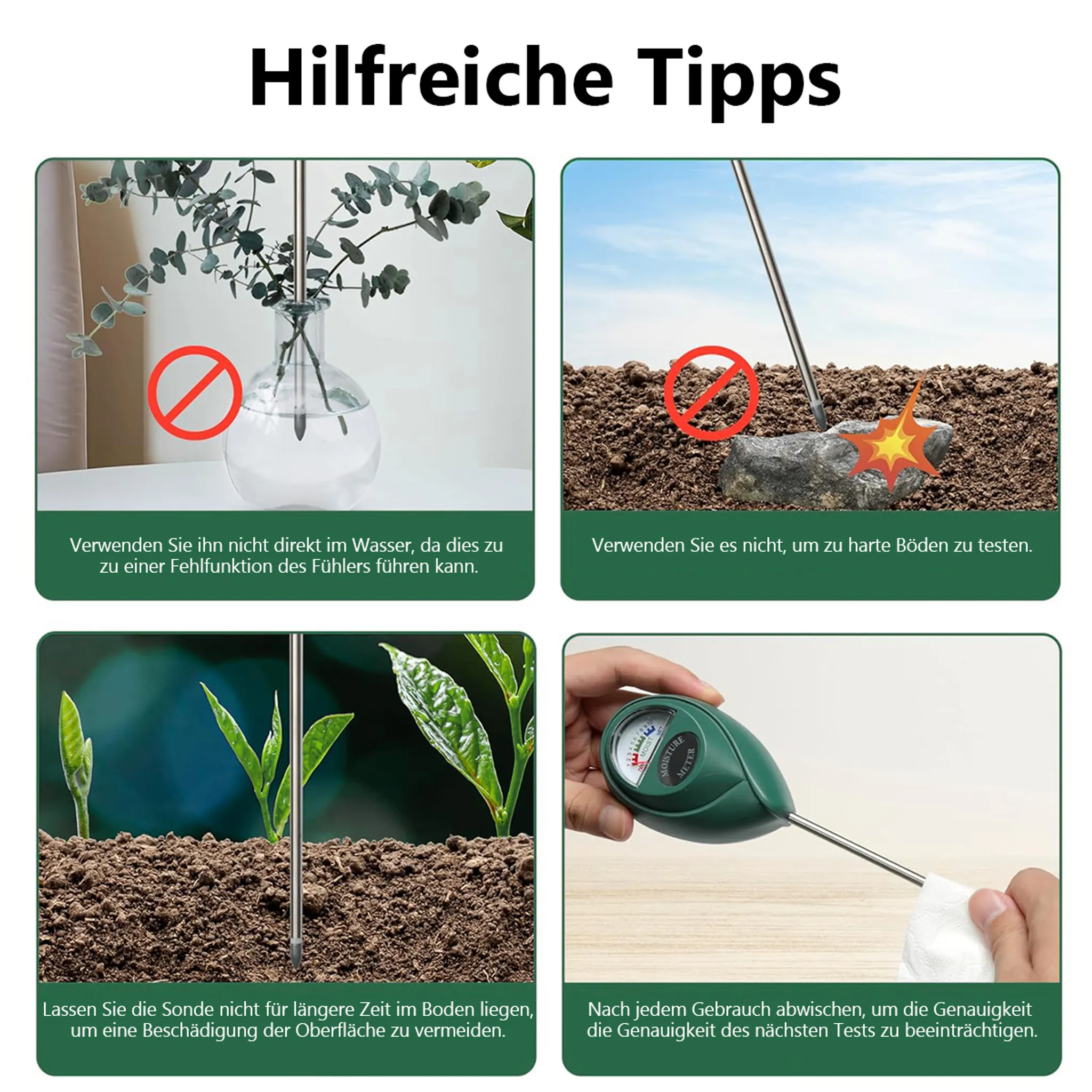 Anleitung zur Verwendung eines Bodenfeuchtemessgeräts mit vier Beispielen.