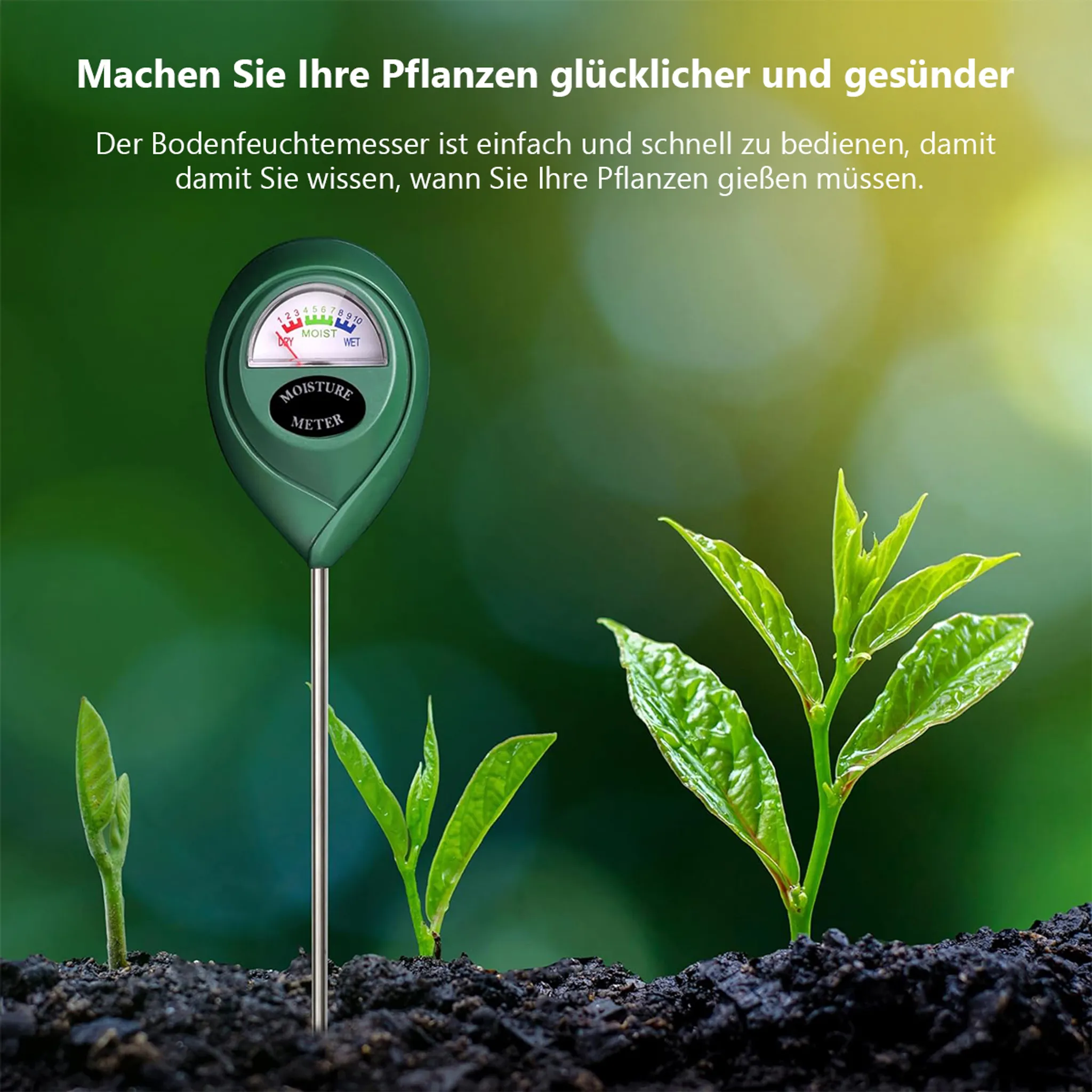 Ein grüner Bodenfeuchtemesser steckt neben jungen Pflanzen im Boden.