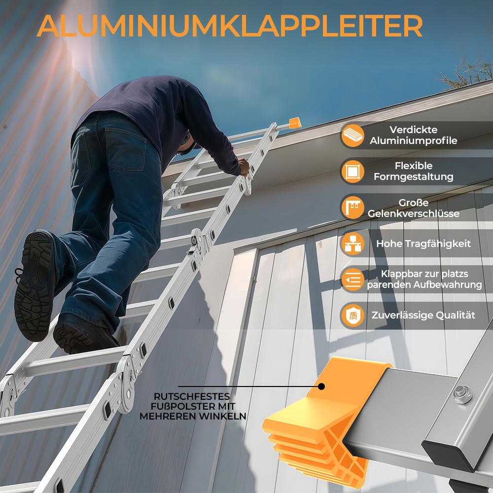 Mann klettert auf Aluminiumklappleiter, die auf einem Dach platziert ist.