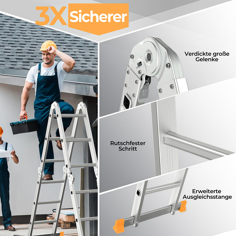 Arbeiter auf einer Leiter mit hervorgehobenen Sicherheitsmerkmalen. 3x sicherer.
