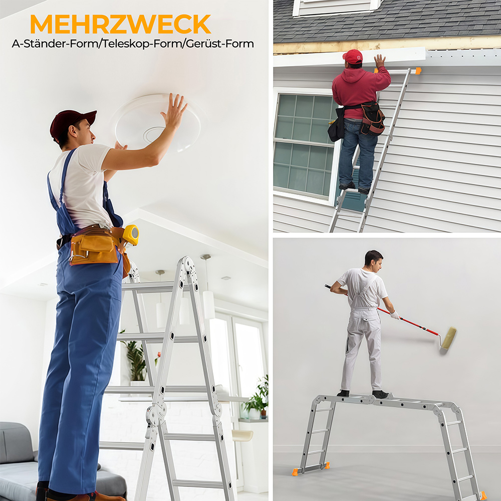 Ein Mann installiert eine Deckenleuchte, ein anderer streicht die Hauswand, ein dritter malt eine Wand.