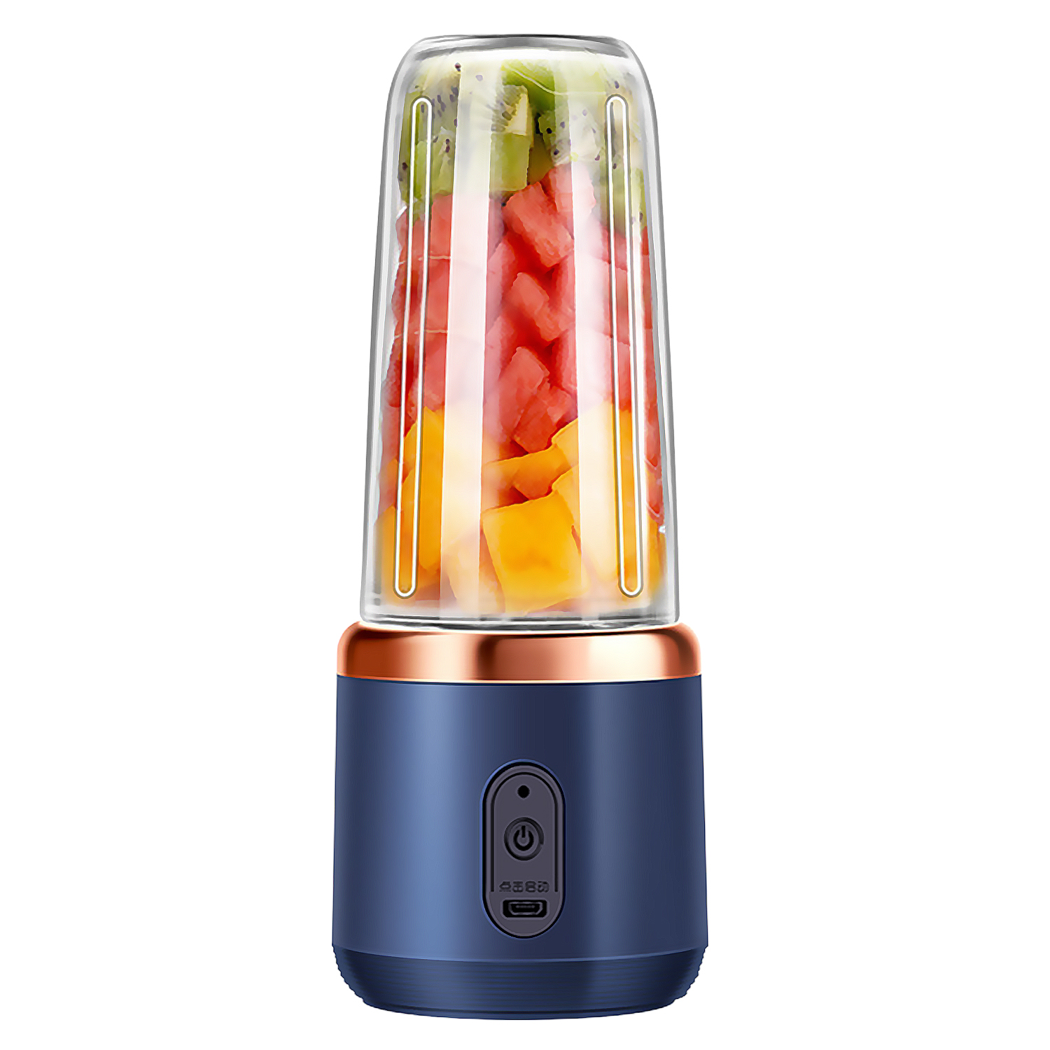 Ein blauer Mixer mit Obststücken wie Wassermelone, Kiwi und Mango.