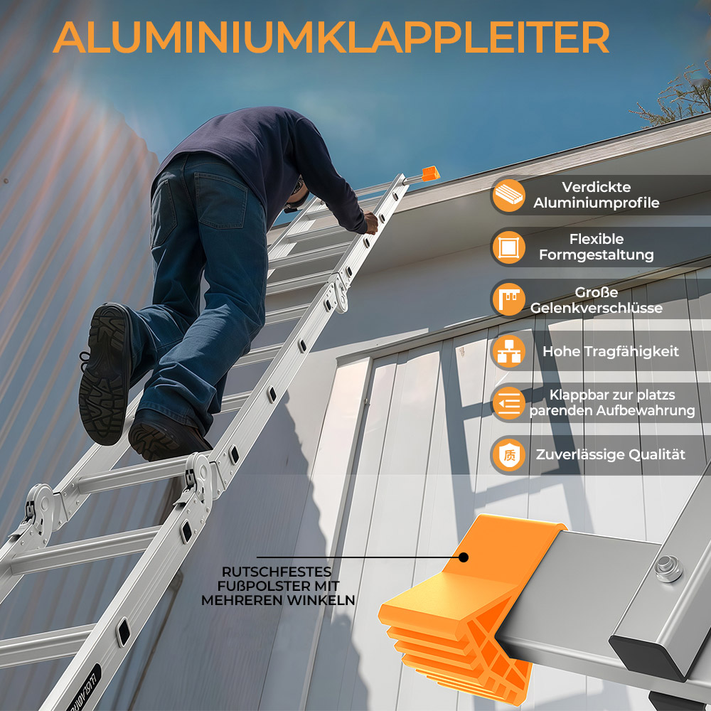 Mann klettert auf Aluminiumklappleiter mit Text und Symbolen, die Merkmale hervorheben.