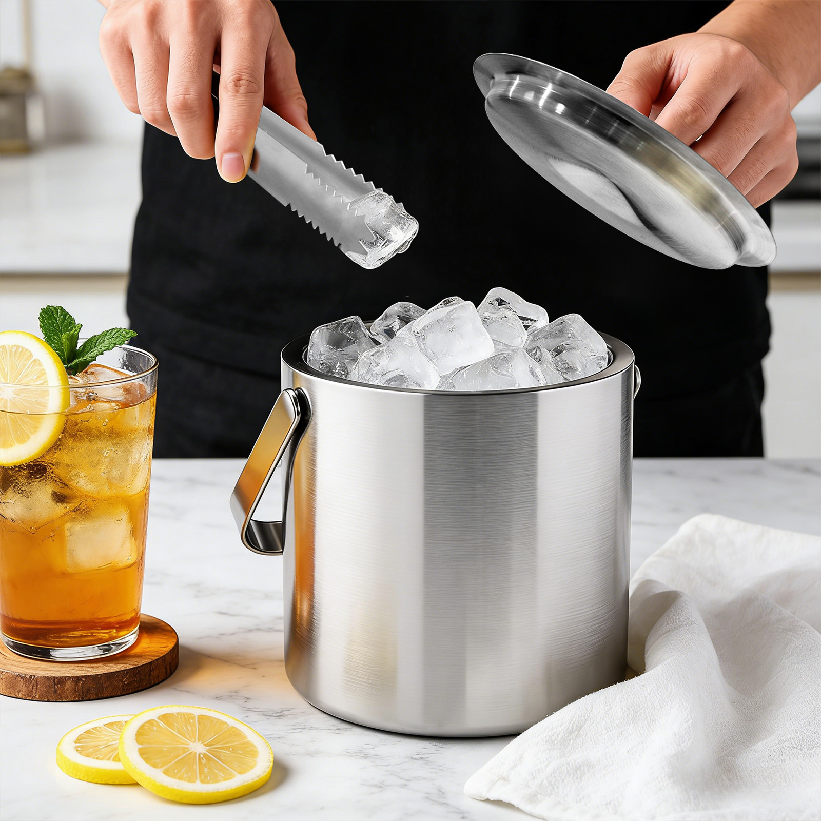 Person benutzt Zange, um Eis aus einem Eiskübel zu nehmen. daneben ein Glas Eistee.