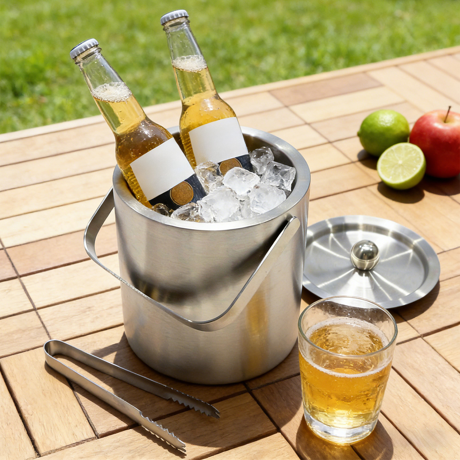 Zwei Bierflaschen in einem Eisbehälter, mit Glas, Zange, Apfel und Limetten.