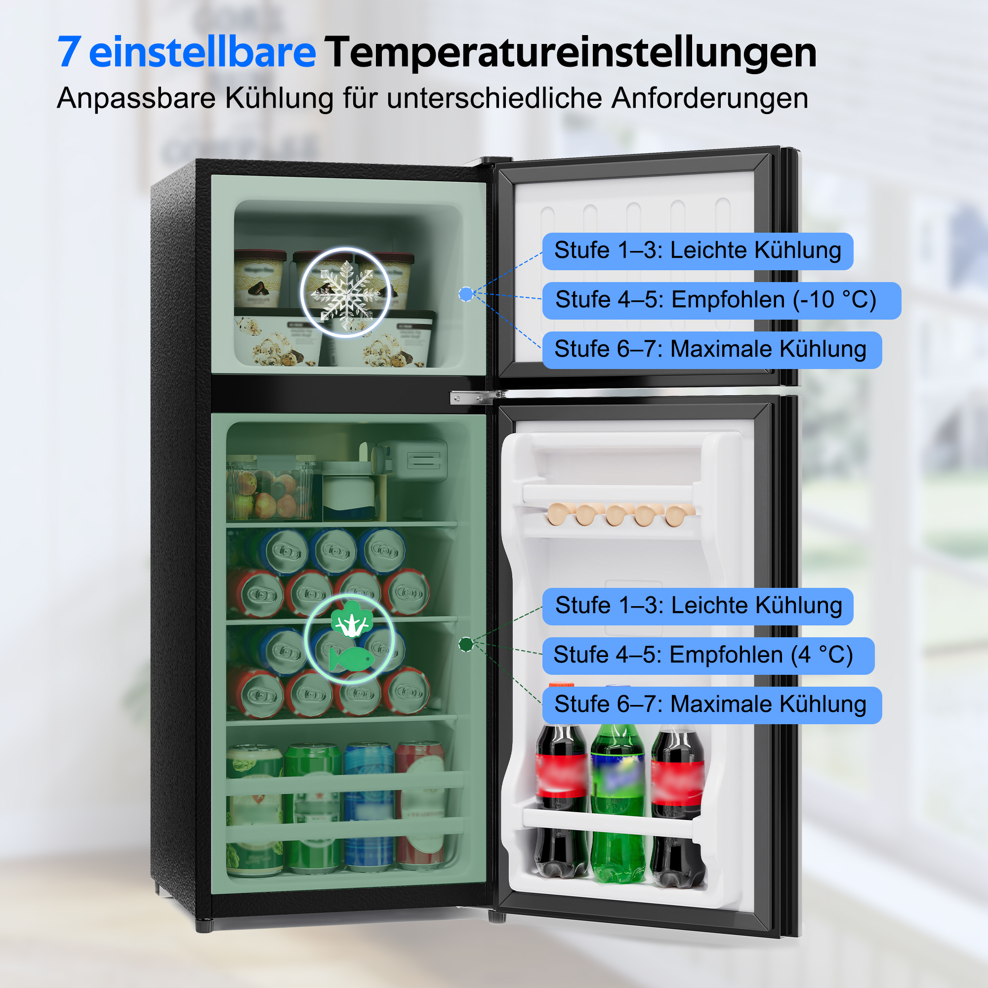 Ein schwarzer Kühlschrank mit zwei Türen, gefüllt mit Eis, Dosen und Flaschen.