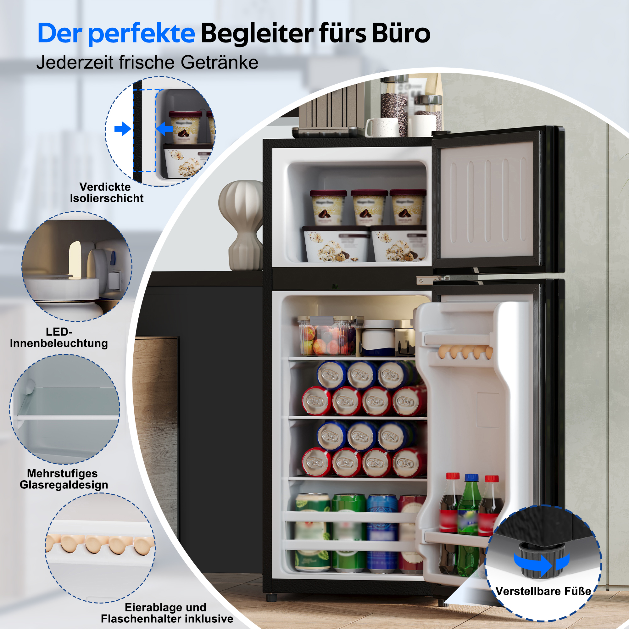 Ein kleiner schwarzer Kühlschrank mit offenen Türen, gefüllt mit Eis, Dosen und Eiern.
