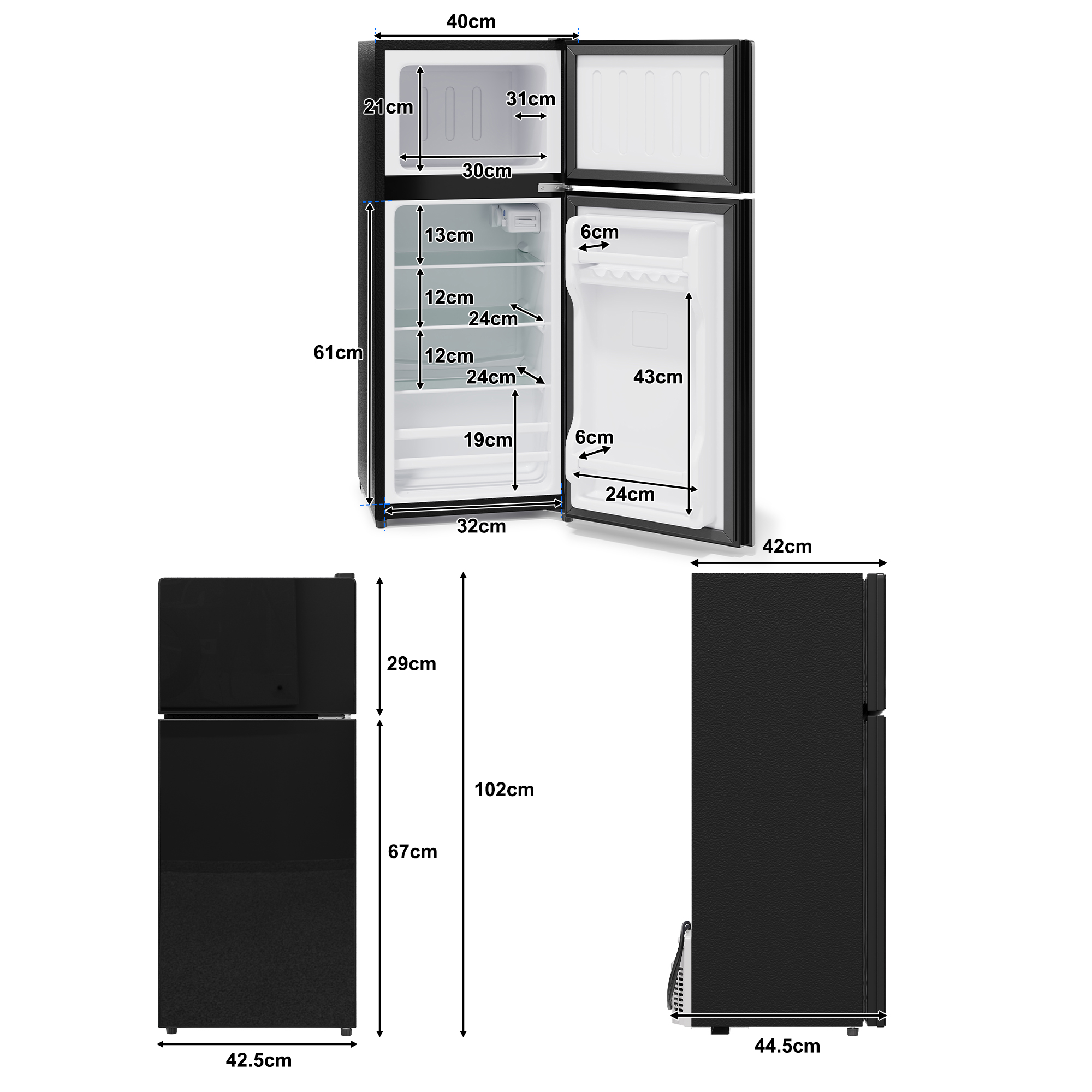 Ein schwarzer Kühlschrank mit Maßen, offen und geschlossen gezeigt.