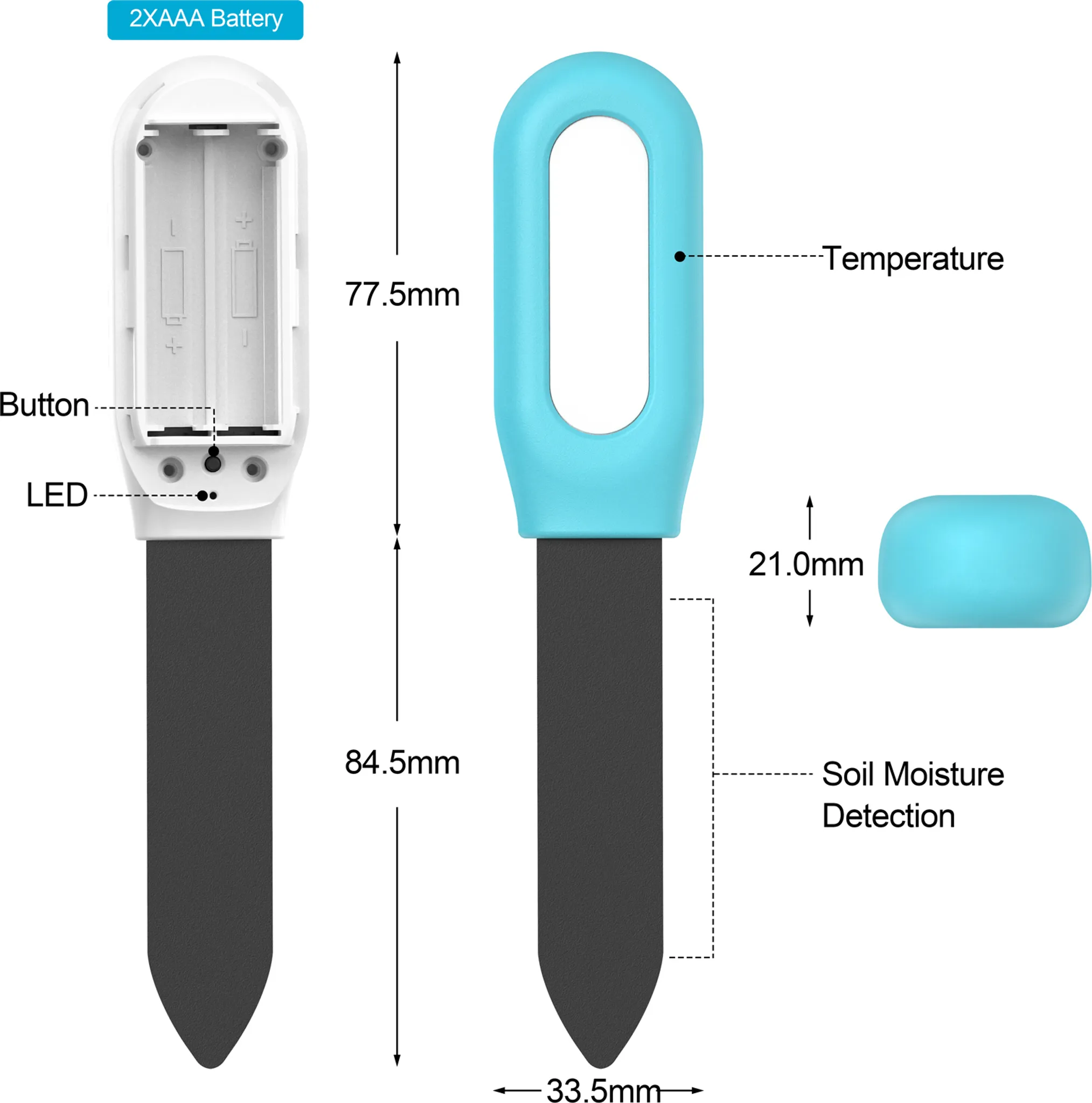 Ein weißer Batteriekasten mit zwei AAA-Batterien und ein blauer Bodensensor mit Messungen.