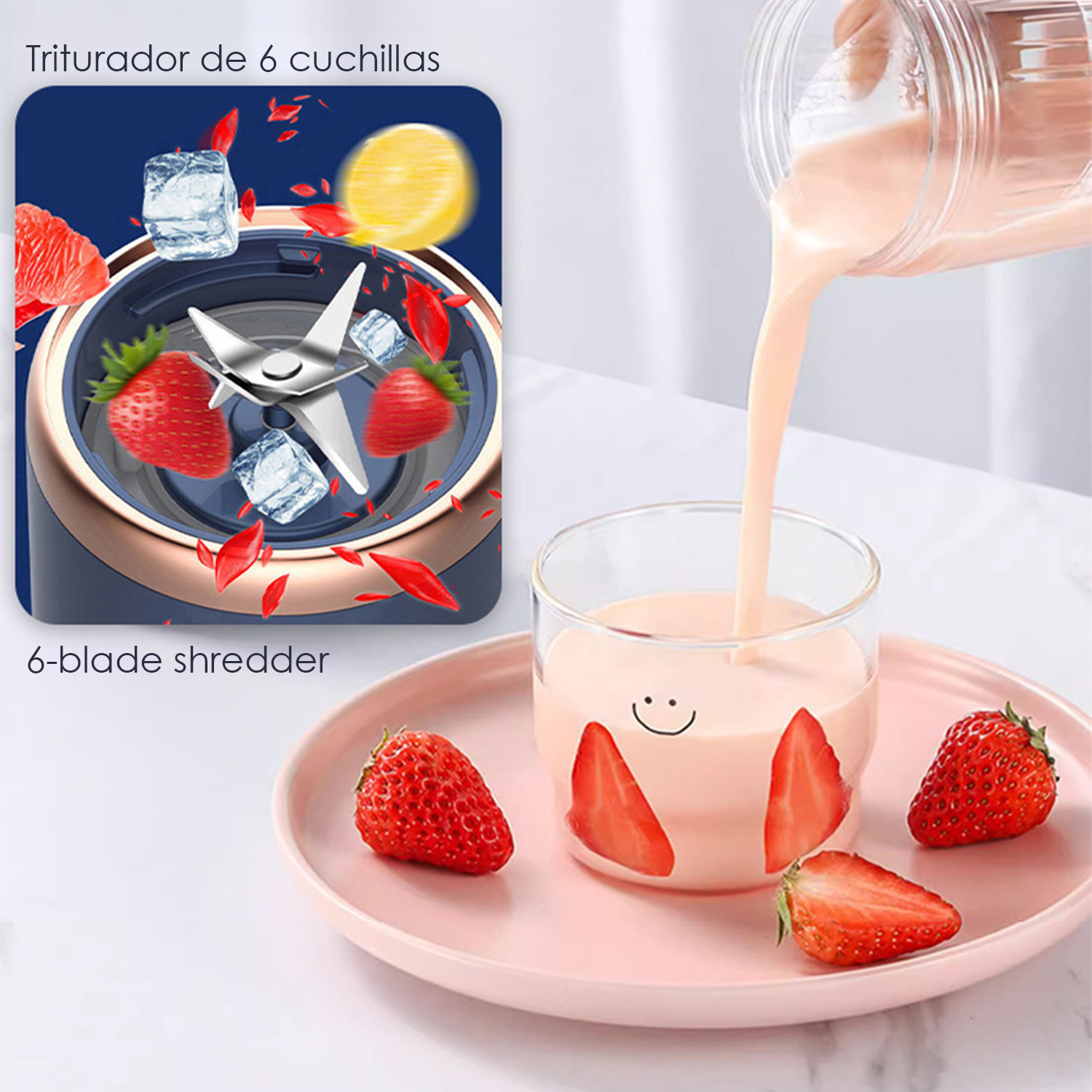 Ein Mixer mit 6 Klingen, Erdbeeren, Eiswürfeln und Zitronenscheiben. Erdbeer-Smoothie wird in ein Glas gegossen.