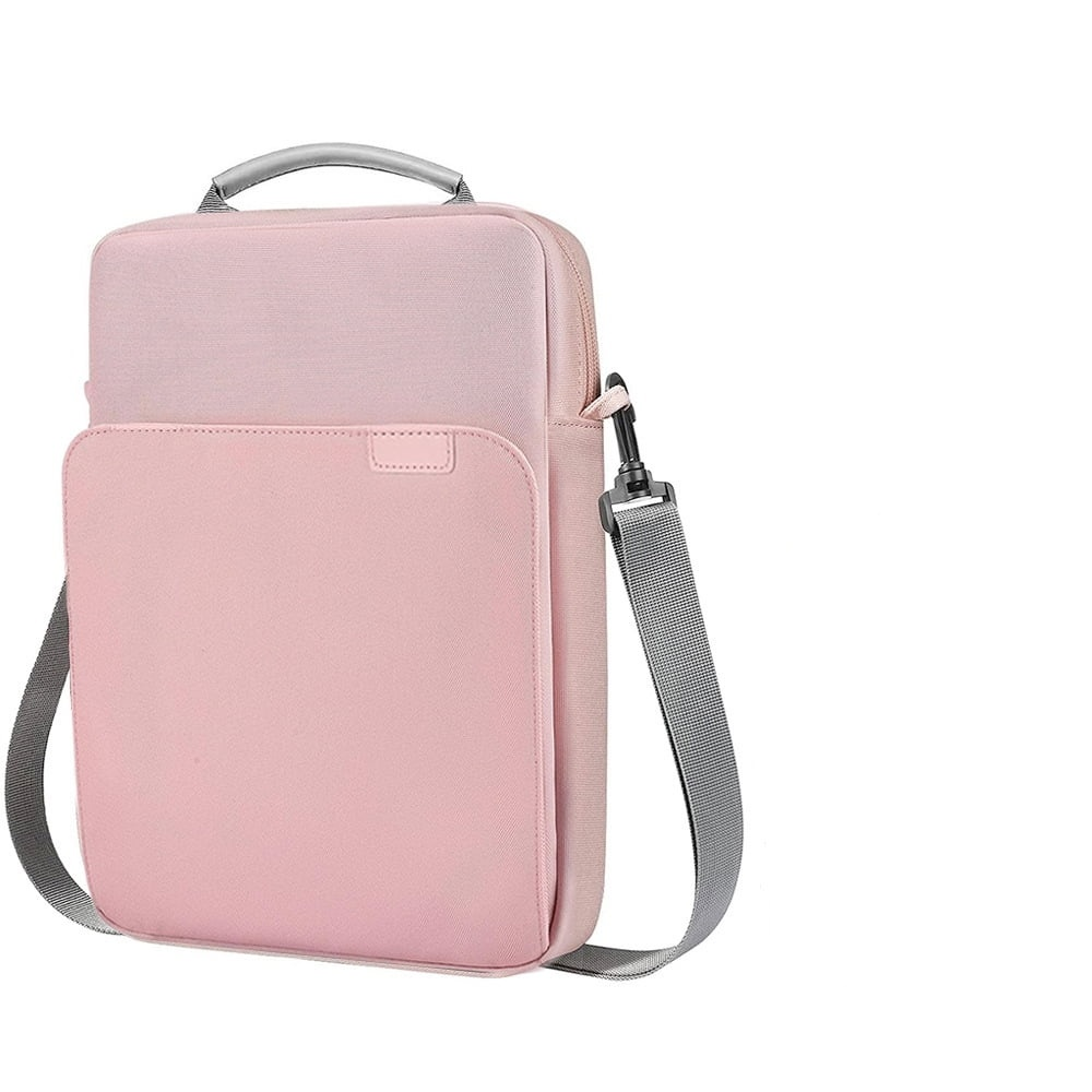 Eine rosafarbene Laptoptasche mit Griff und Umhängegurt.