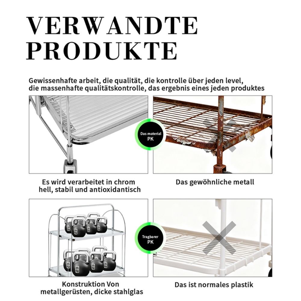 Vergleich von Materialien: glänzendes Chrom, rostiges Metall, Hanteln auf Gestell, Plastik.