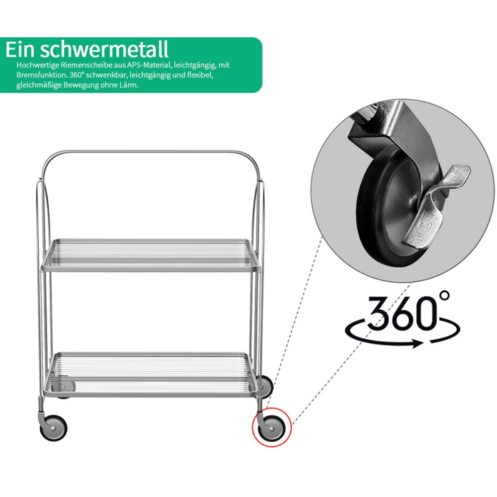 Ein zweistöckiger Servierwagen aus Metall mit schwenkbaren Rollen.