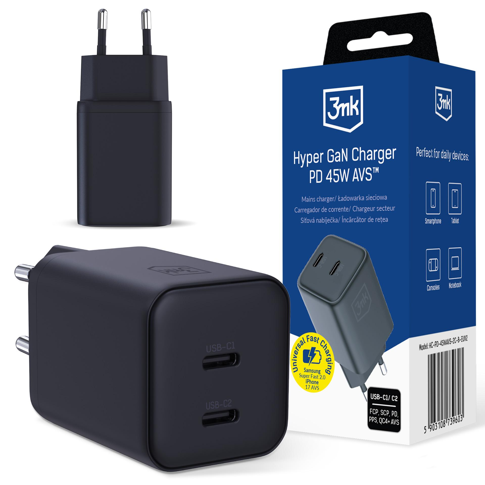 Czarna ładowarka z dwoma portami USB-C i opakowaniem.