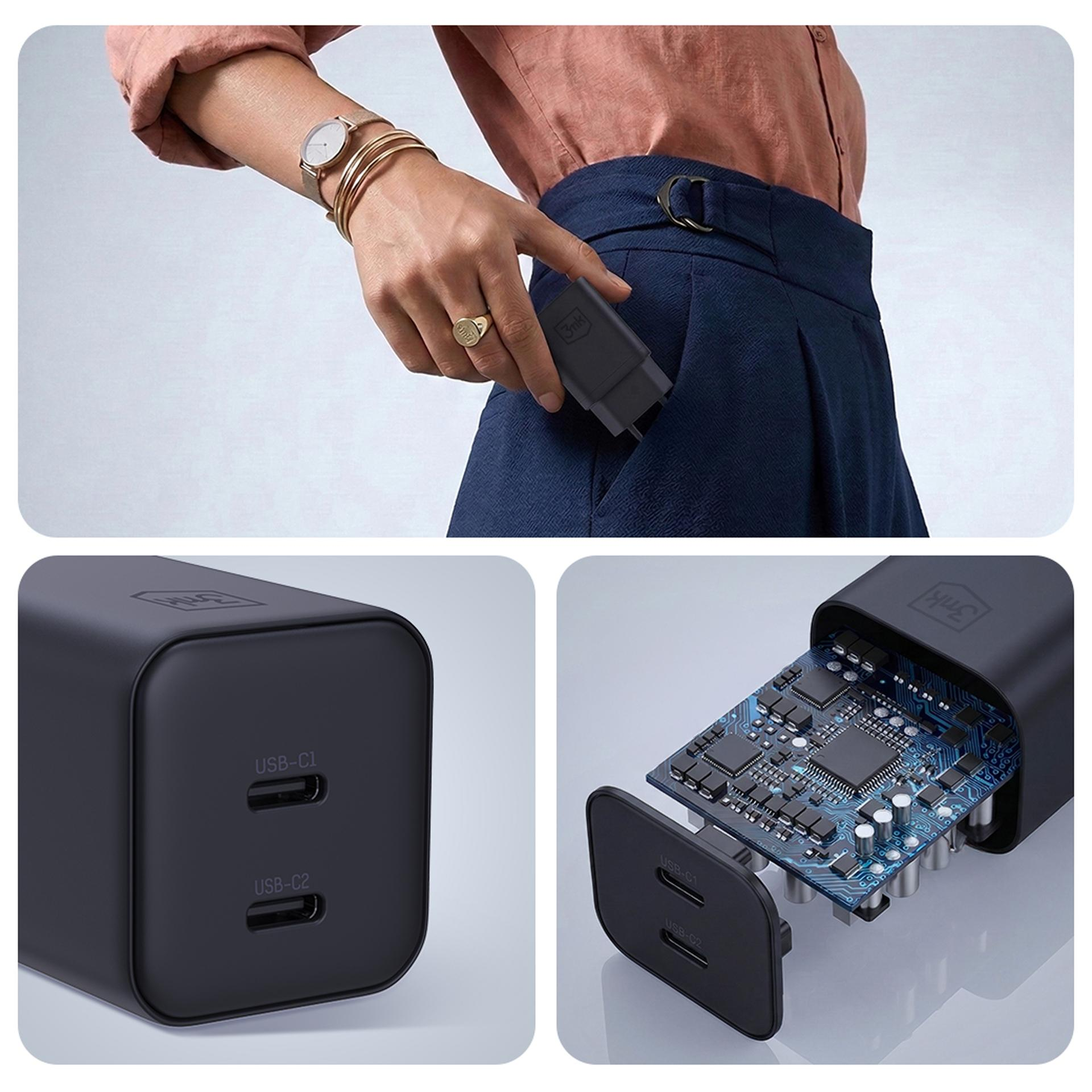 Czarna ładowarka z dwoma portami USB-C i widocznym układem scalonym.