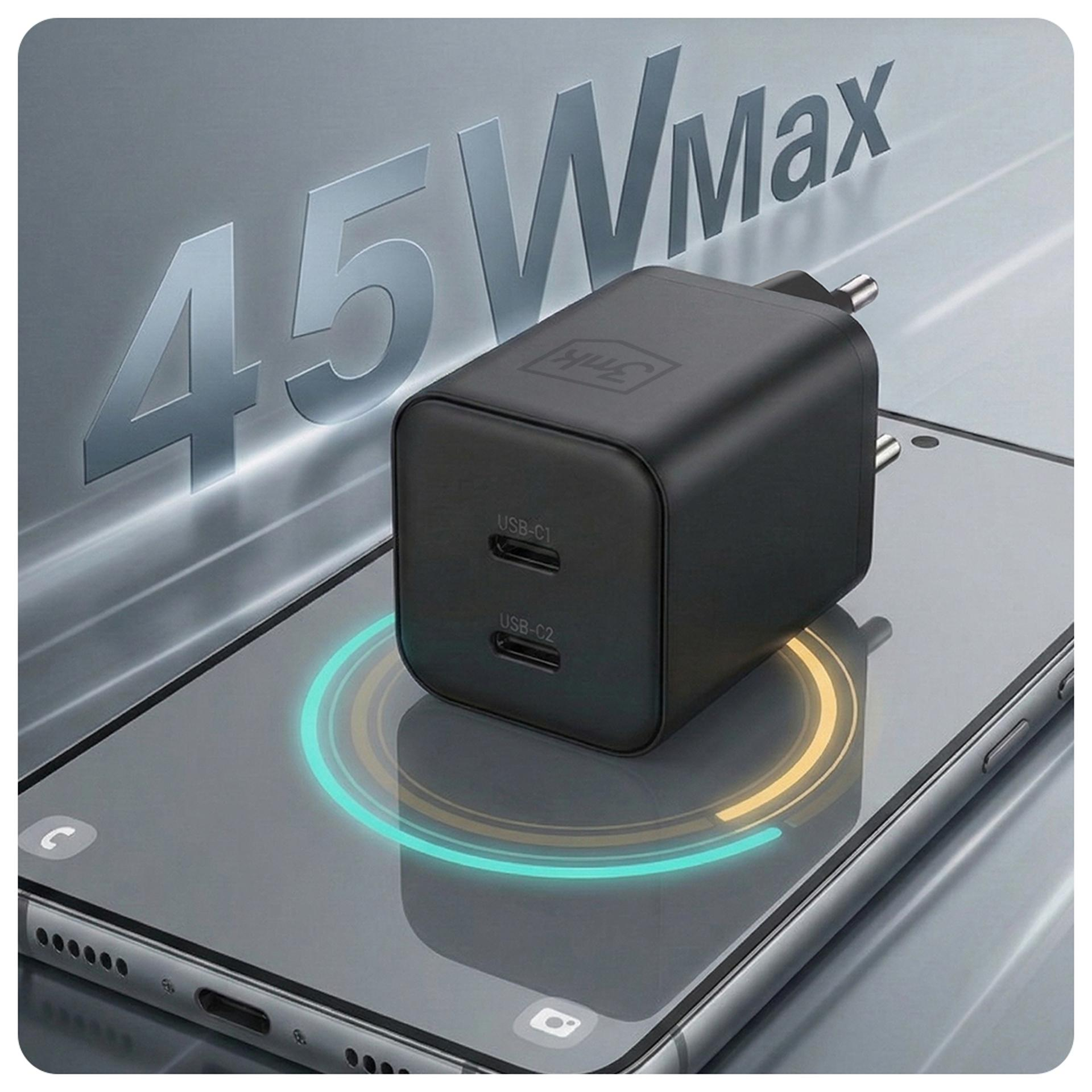 Czarna ładowarka z dwoma portami USB-C na smartfonie.