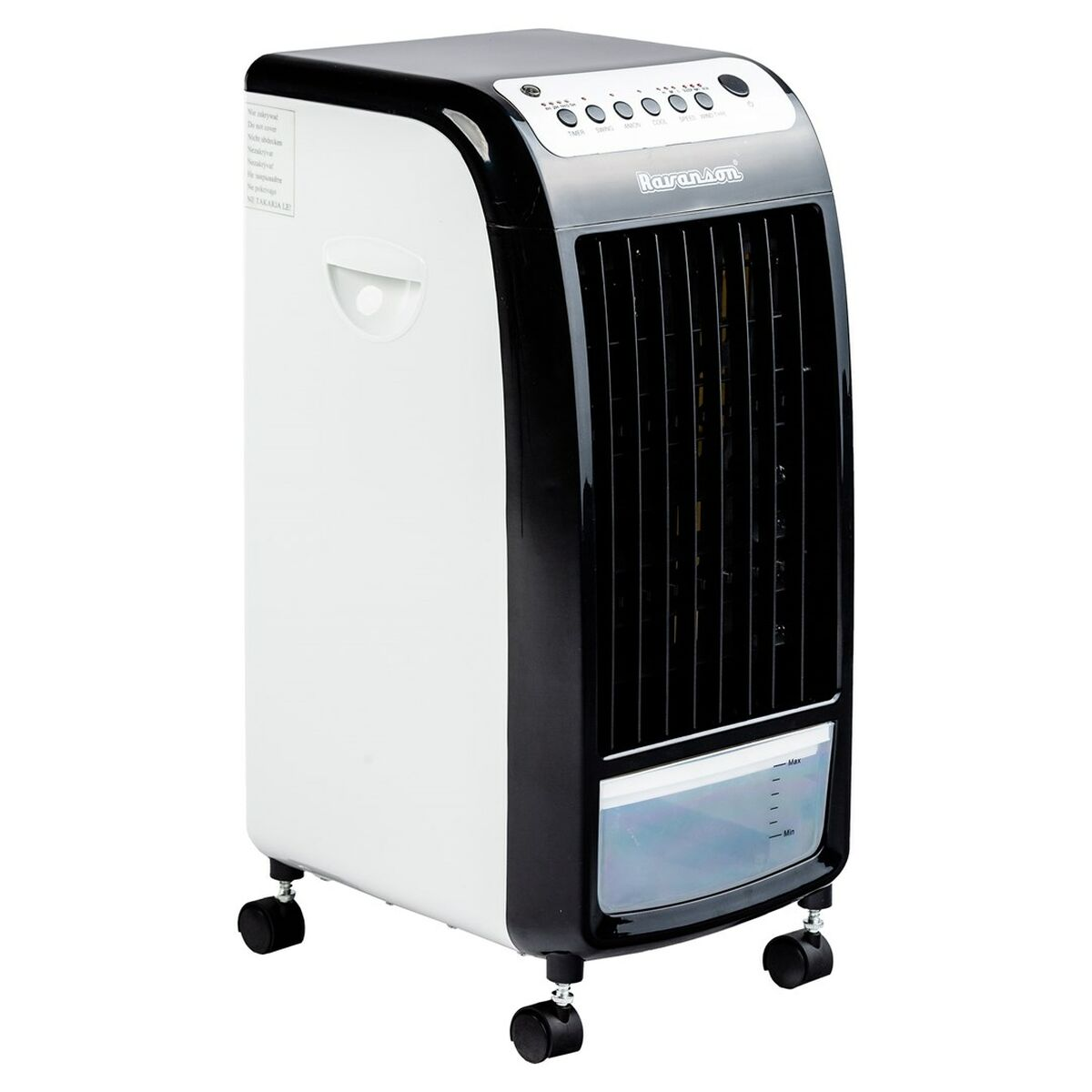 Un refrigeratore d'aria bianco e nero con ruote e serbatoio dell'acqua trasparente.