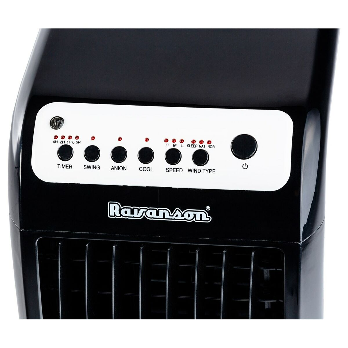Primo piano del pannello di controllo di un ventilatore nero con pulsanti per timer, oscillazione, anione, raffreddamento, velocità, tipo di vento.