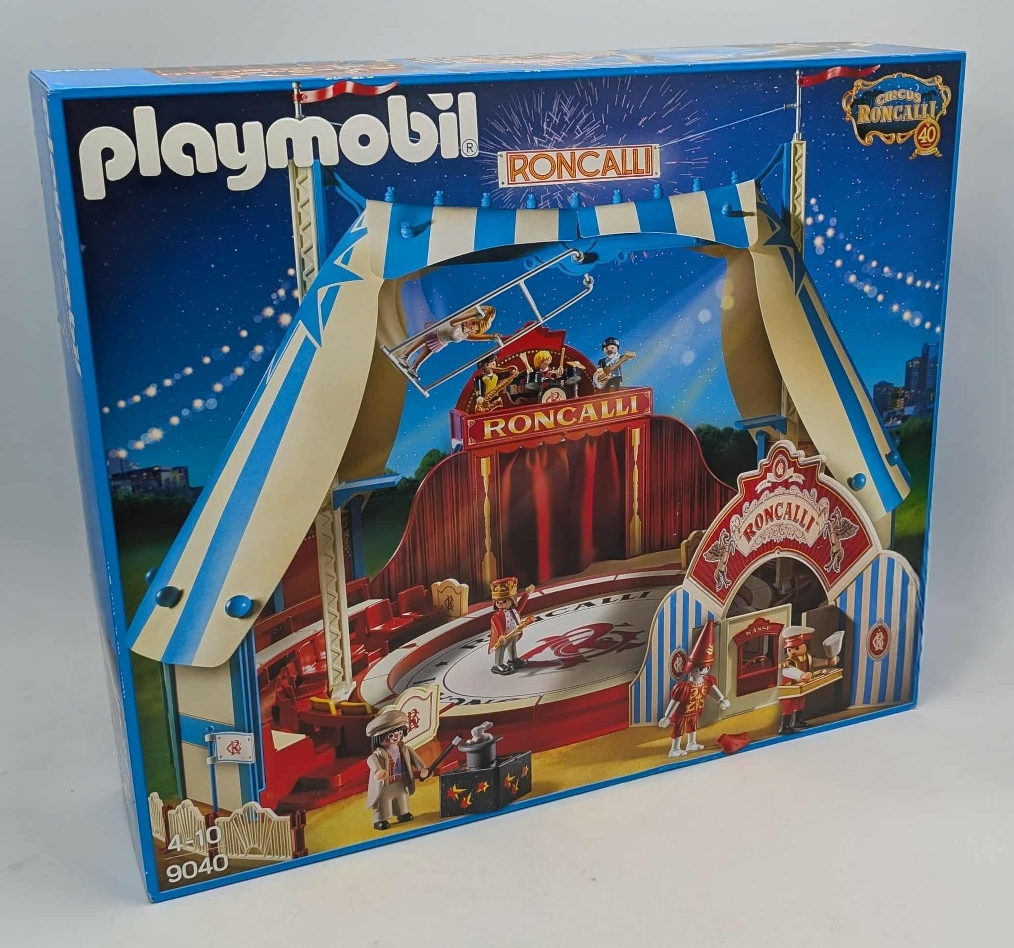 Playmobil Zirkus Roncalli Spielzeugverpackung mit Figuren und Bühne.
