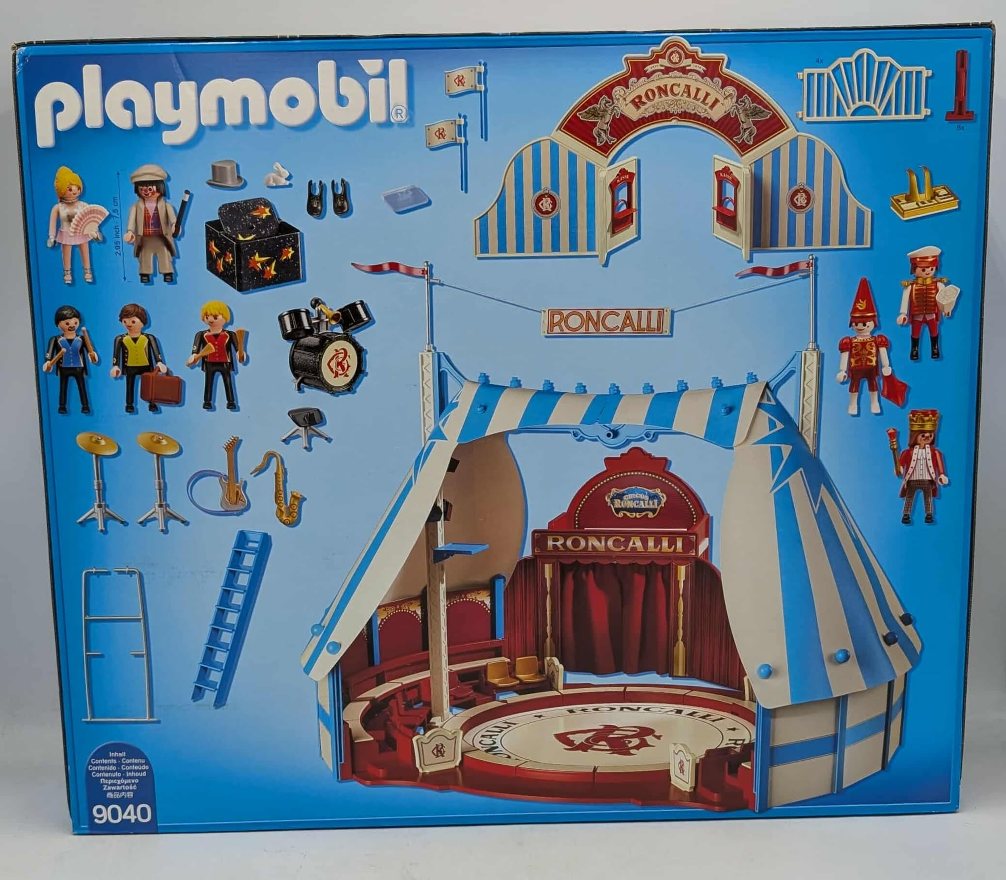 Playmobil Zirkus Roncalli mit Figuren, Trommel, Gitarre, Saxophon und Bühne.
