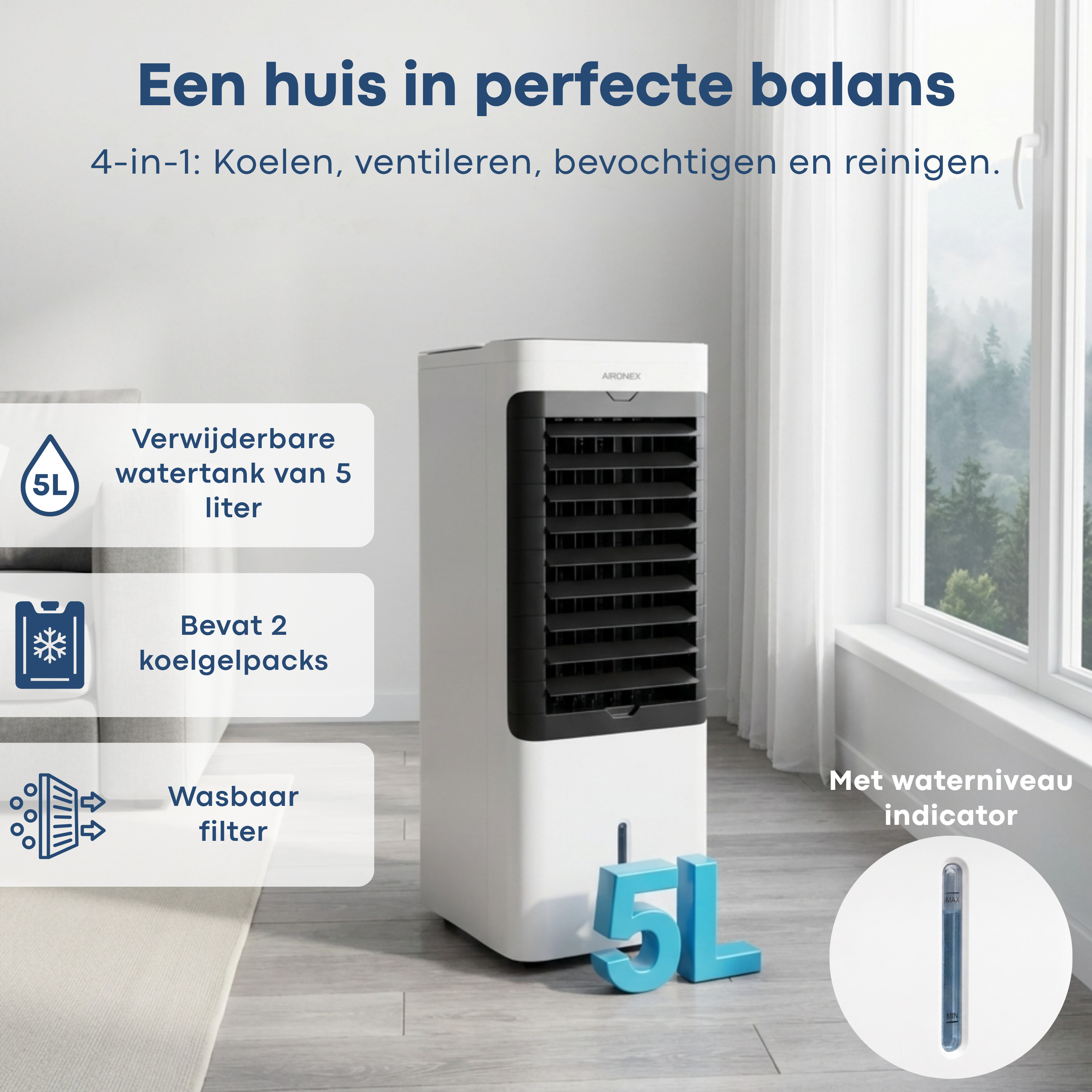 Ein weißer Luftkühler mit 5L Tank, Kühlakkus und Filter.