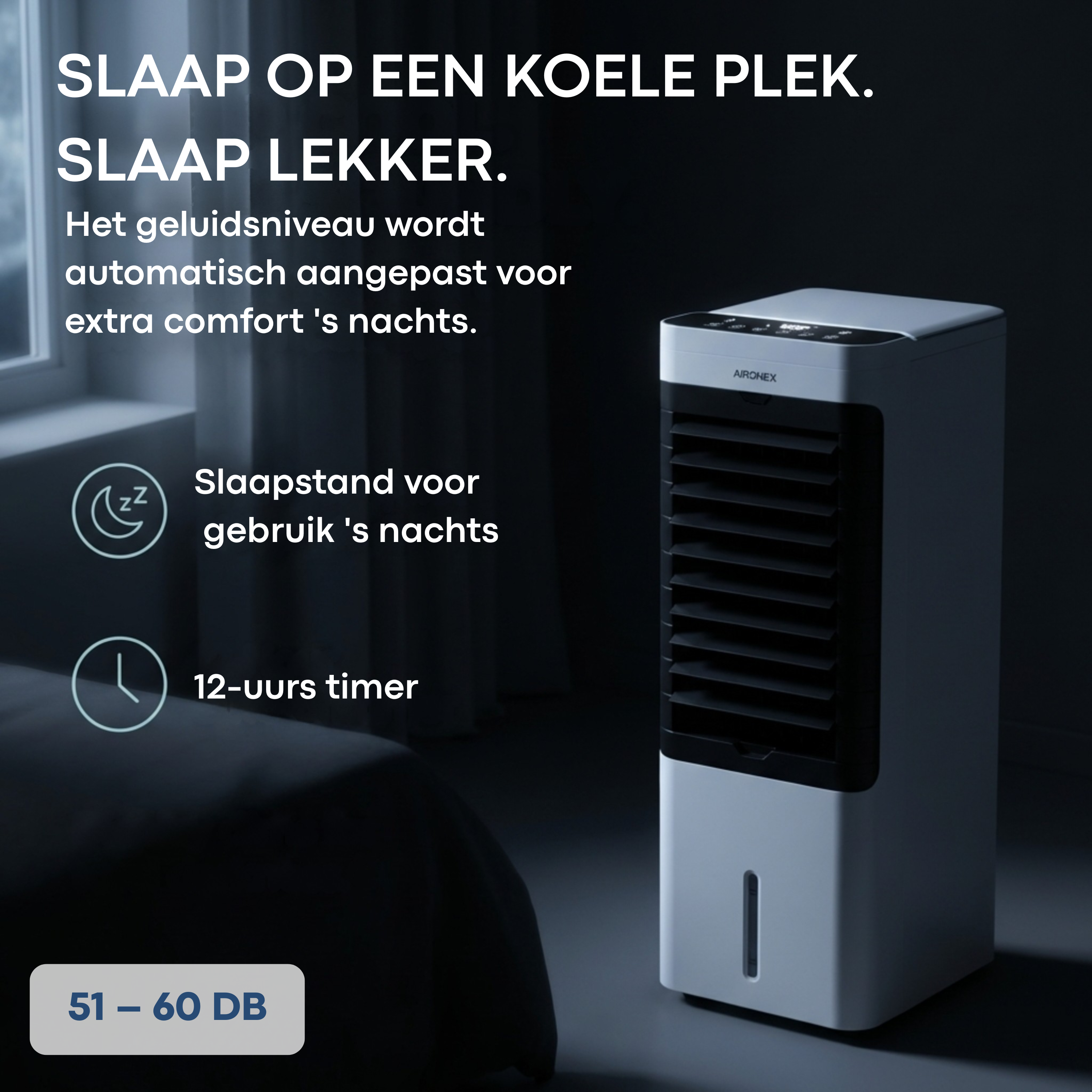 Ein weißer Luftkühler steht neben einem Bett. Nachts schlafen bei 51-60 dB.