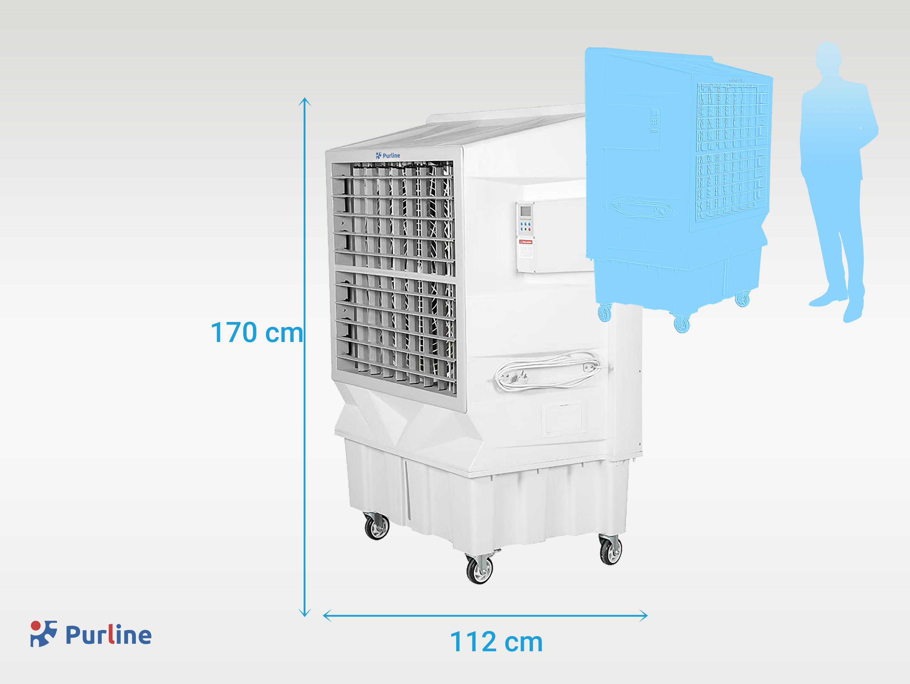 Enfriador evaporativo blanco, 170cm alto, 112cm ancho, con ruedas, logo Purline.