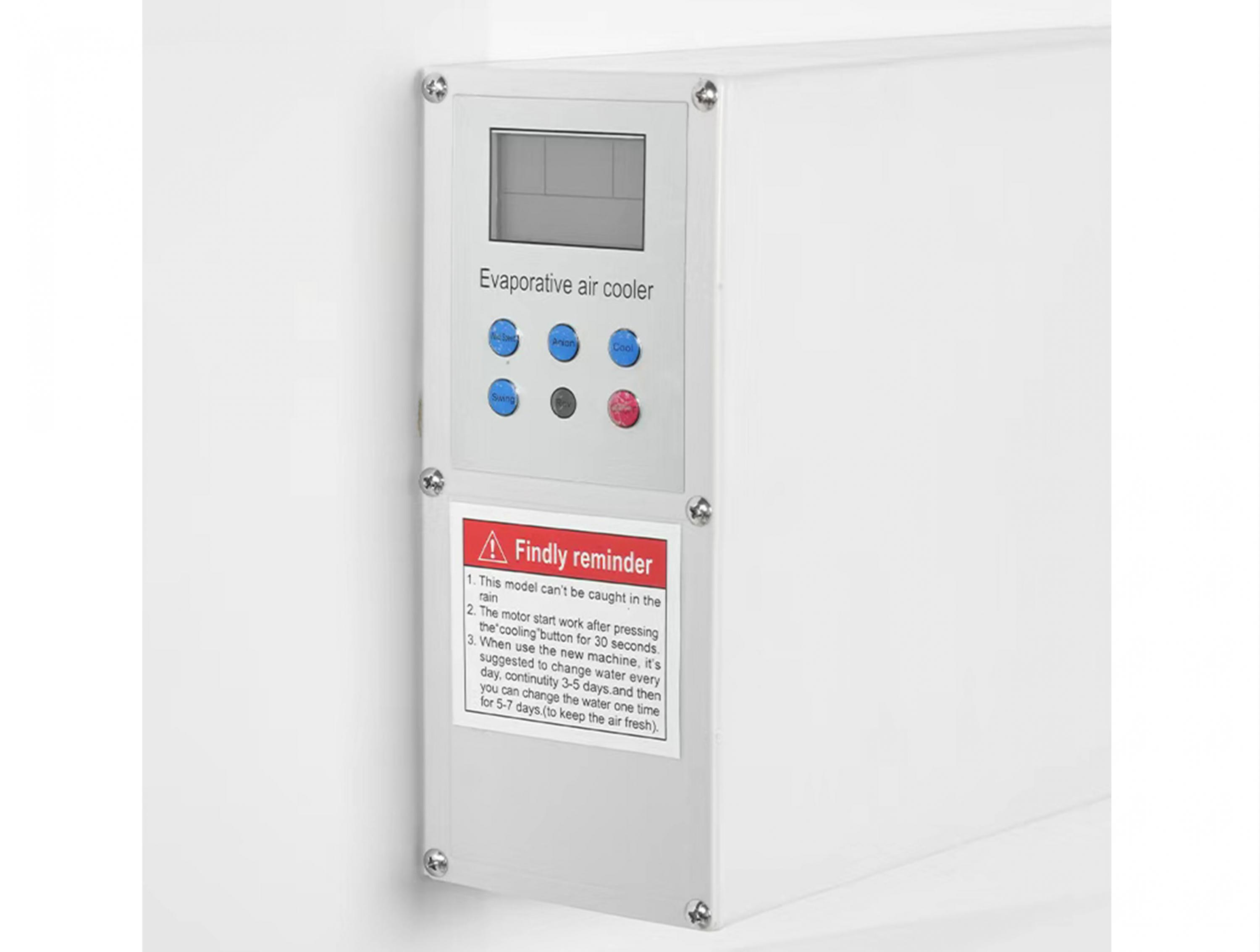 Panel de control blanco de enfriador evaporativo con pantalla y botones.