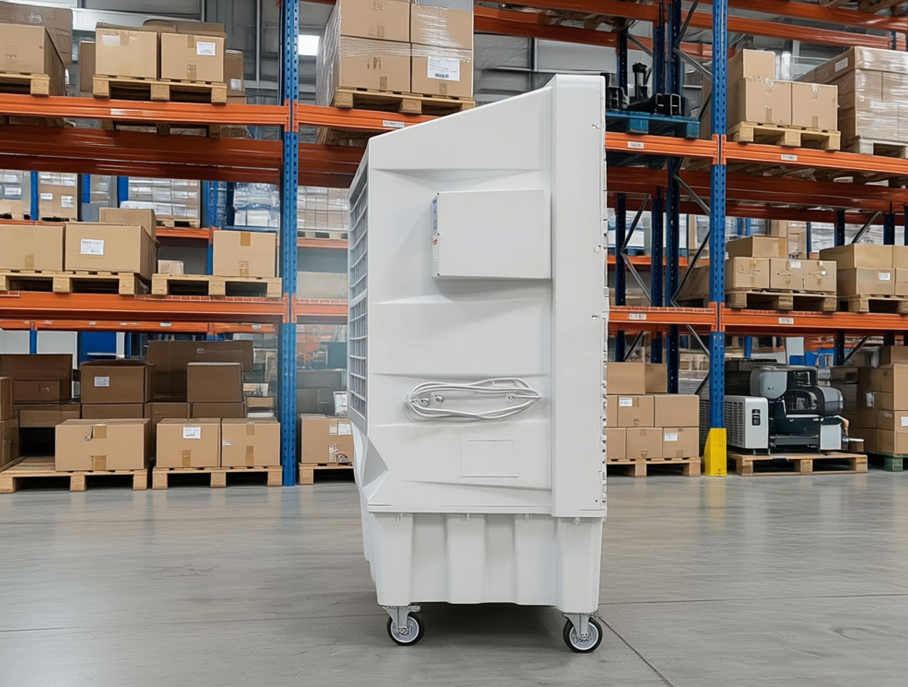Un enfriador evaporativo blanco se encuentra en un almacén con estantes llenos de cajas.