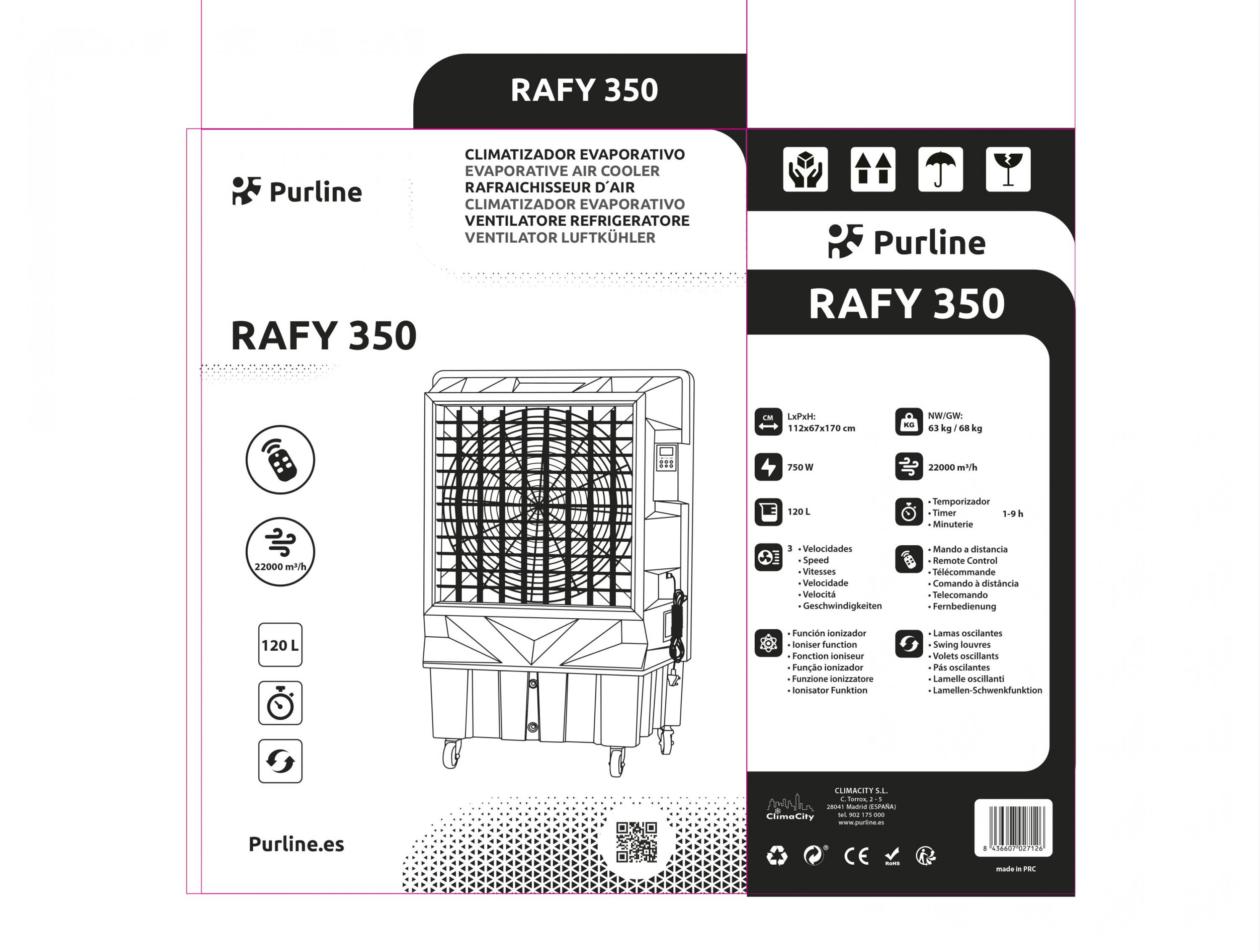 Enfriador de aire Purline Rafy 350 con tanque de 120L, 750W, 22000m³/h y mando a distancia.